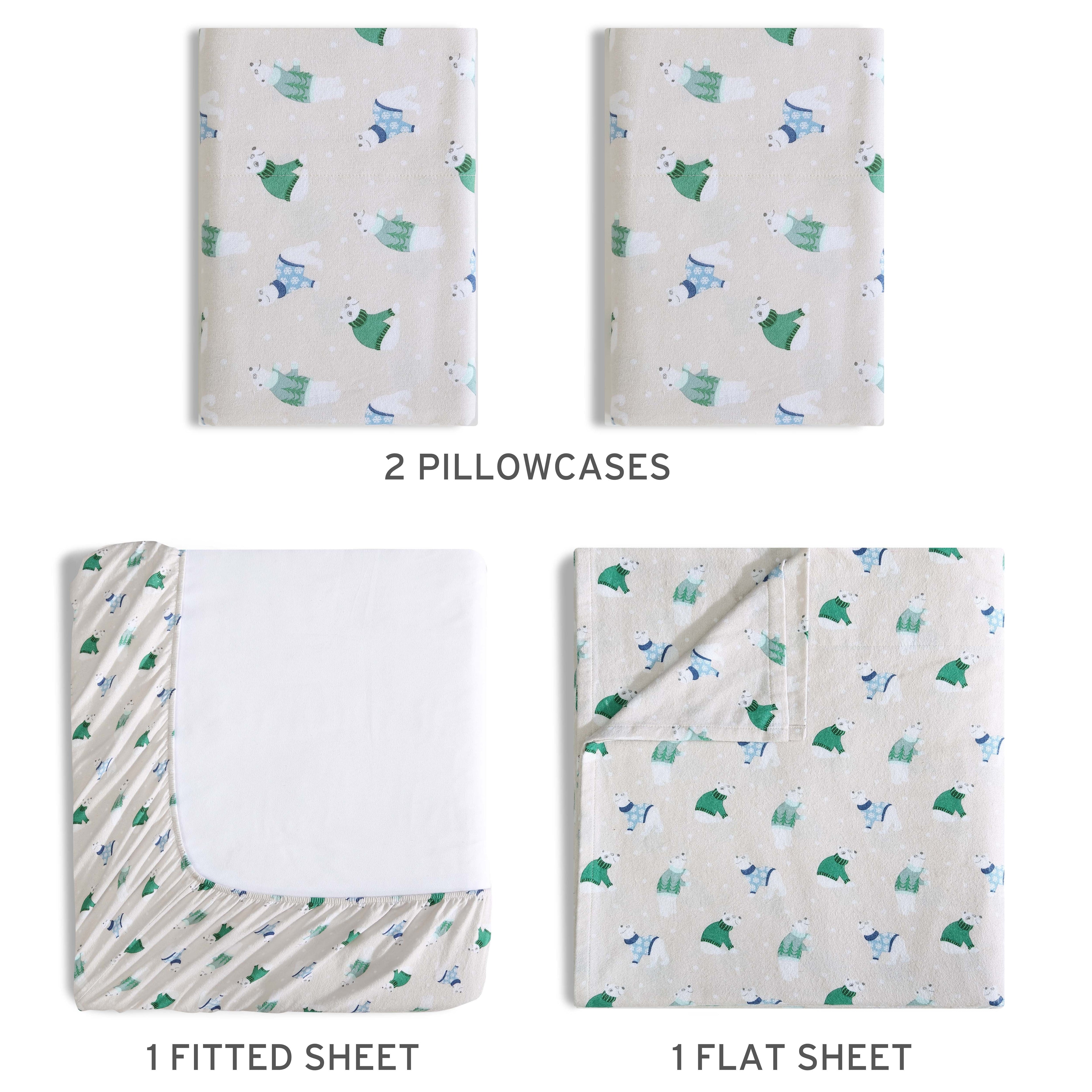 Premium Egyptian Cotton Winter Nights Cotton Flannel Sheet Set, King, Holiday Bears - Breathable Egyptian Cotton Flat & Fitted Sheets Detail