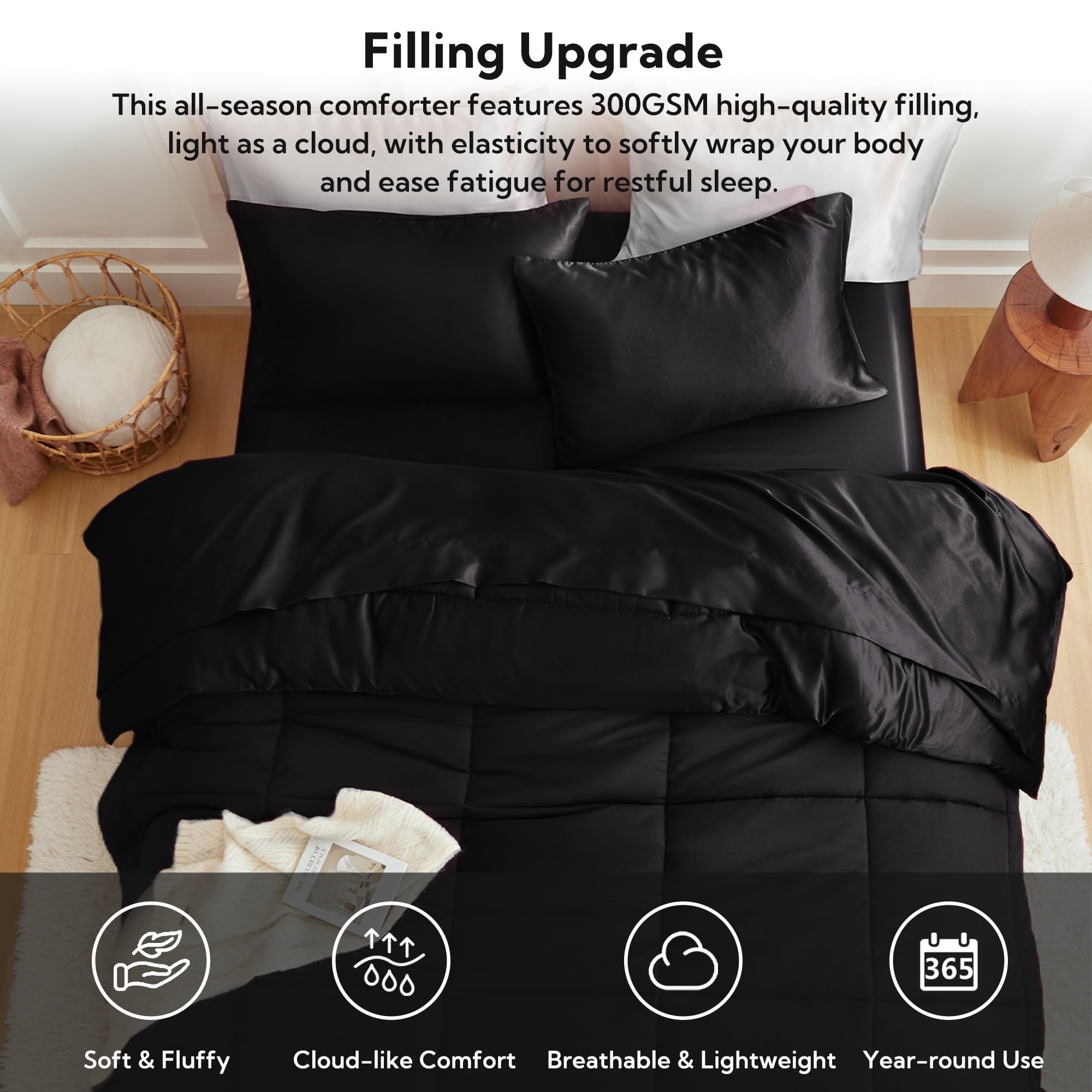 Fluffy Down Alternative Reversible Satin Microfiber Comforter 3 Pieces Queen Size, Black Queen Comforter Set for All Seasons, Silky Soft Sati... - Hypoallergenic Ultra-Fluffy Quilt for Winter Detail