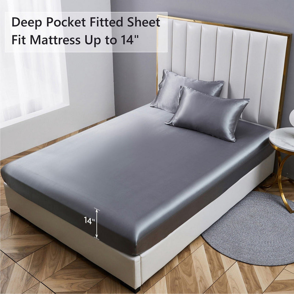Ultra-Soft Luxury 5-Piece Satin Sheets Twin Silk Sheets Bed Sheet Set Ultra-Silky & Skin-Friendly Deep Pocket Bed Flat Fitted Sheet - Breathable Egyptian Cotton Flat & Fitted Sheets Detail