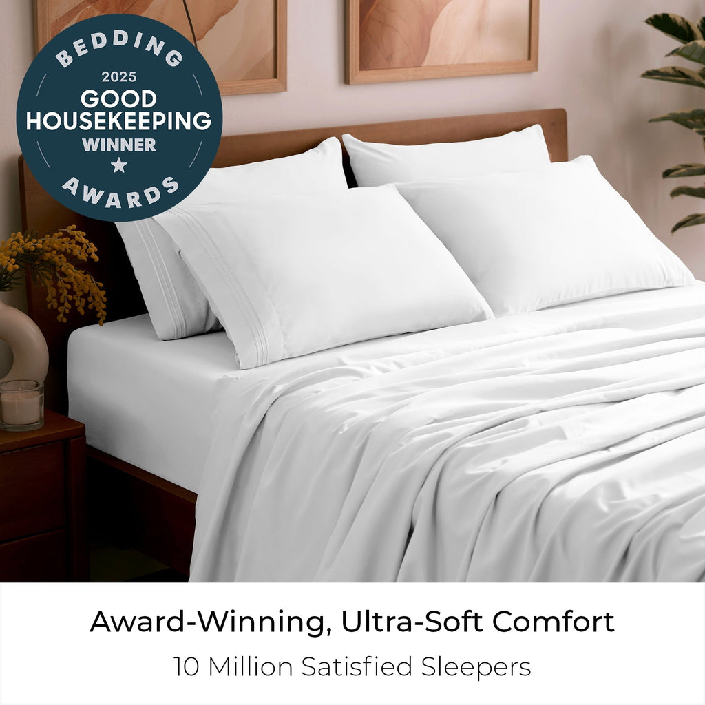 Wrinkle-Resistant Iconic 6 Piece Bed Sheet Set Brushed Microfiber, Deep Pocket, Queen, White - Premium Ultra-Soft Pillowcase Pair for Sleeping Detail