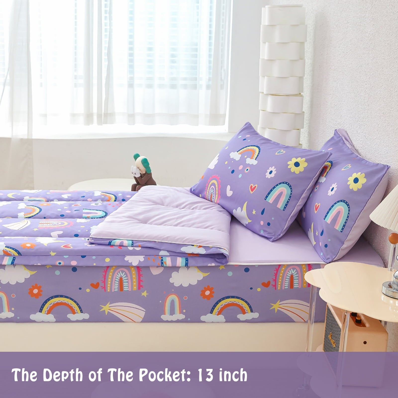 Heavyweight Warmth Zipper Kids Comforter Set, 3-Piece Purple Twin Bed in a Bag, Cartoon Rainbow Stars Flowers Printed Zip Up Comforter S... - Luxurious Quilted Duvet Cover Set Detail