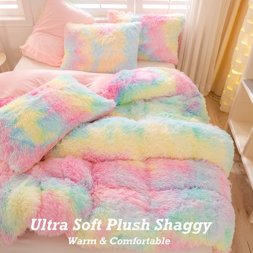 All-Season 3Pcs Pink Faux Fur Twin Comforter Set for Girls Tie Dye Rainbow Kid Bed Set Plush Shaggy Bedding Sets Fuzzy Bed Comfo... - All-Season Down Alternative Comforter Insert Detail