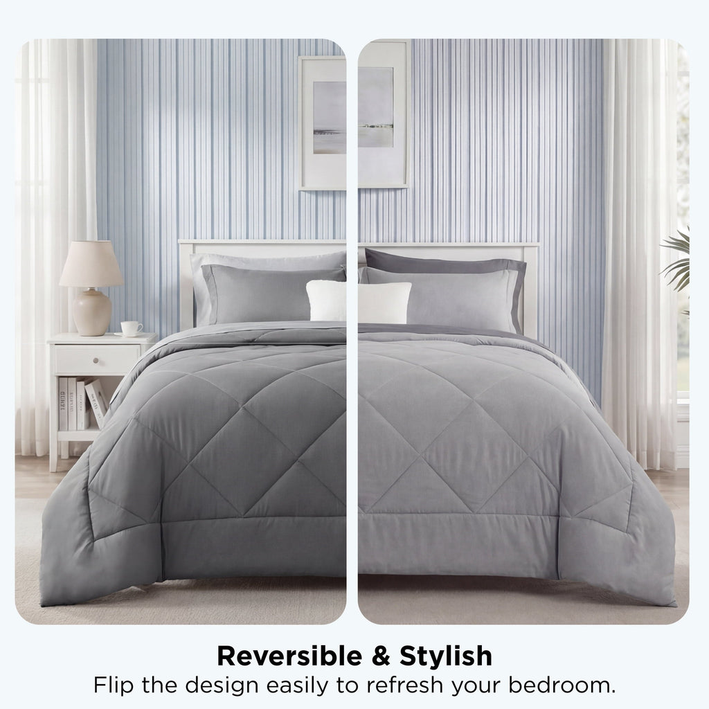 Heavyweight Warmth Queen Reversible Comforter Set - 7 Pieces Grey Bedding, Bed in a Bag with Alternative Comforter, Sheets, Pillowcases ... - Hypoallergenic Ultra-Fluffy Quilt for Winter Detail