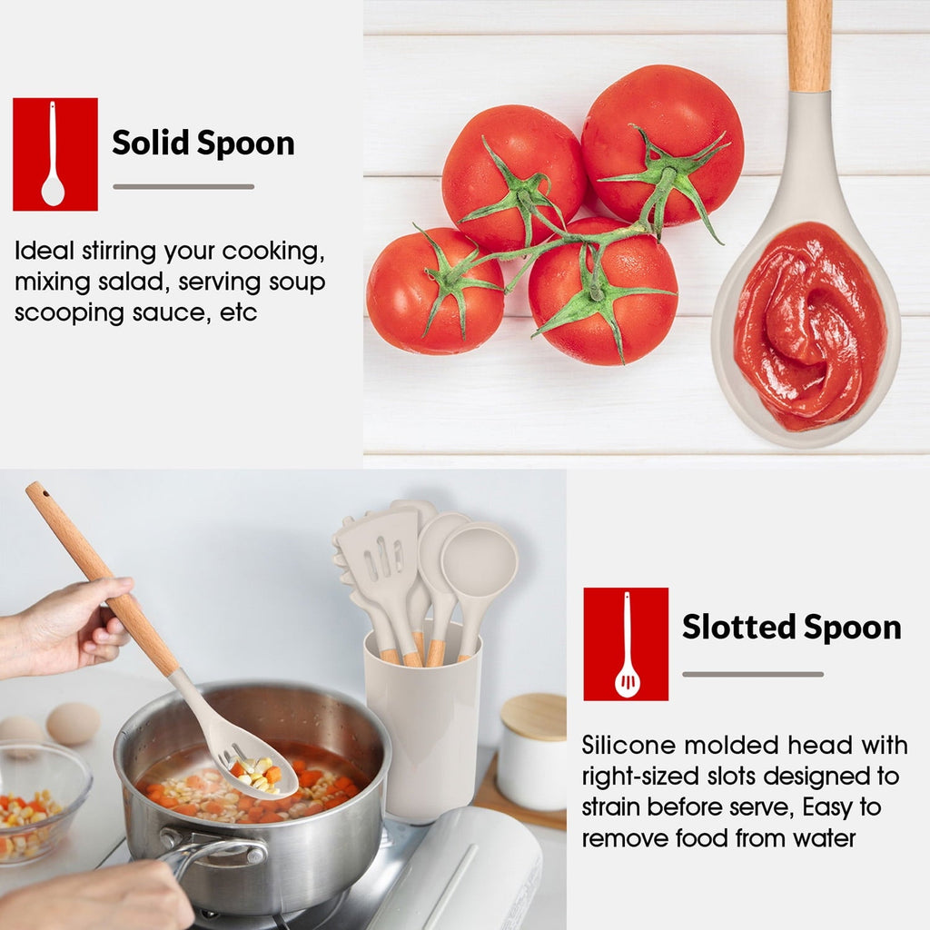 Non-Stick Safe Kitchen Utensils Set of 6, Silicone Cooking Utensils with Wooden Handle, Non-Stick Cookware & Heat Resistant, Include... - Ergonomic Kitchen Tongs and Cooking Spoon Utensil Detail