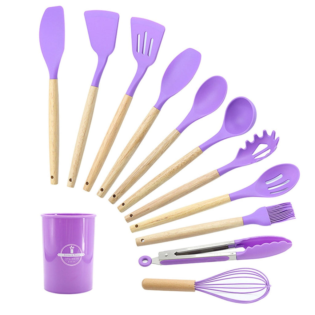 Heat-Resistant 12Pcs Cooking Kitchen Utensils Set with Holder,Wooden Handles Cooking Tool,BPA Free,Non Toxic Turner Tongs Spa... - Heat-Resistant Silicone Cooking Spatula Turner Detail