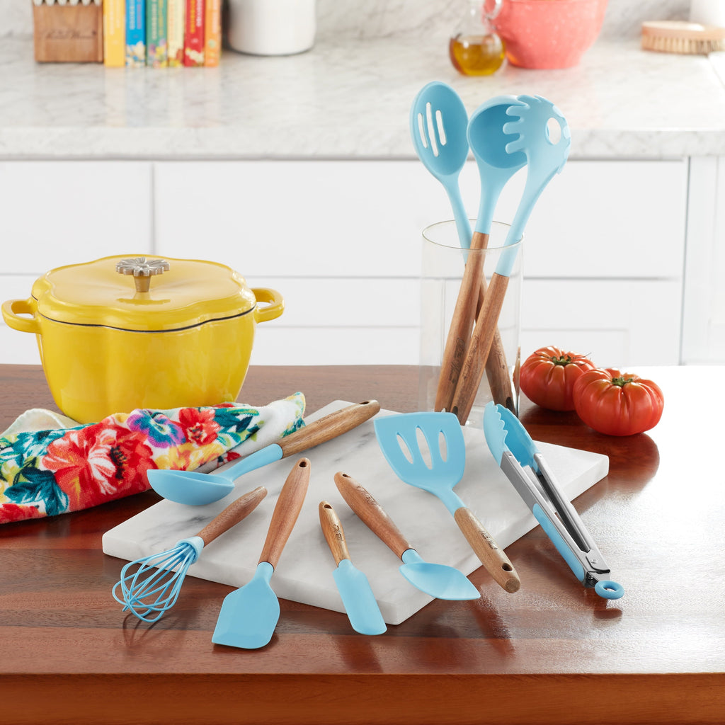 Professional Grade 10-Piece Silicone and Acacia Wood Handle Cooking Utensils Set, Blue - Multi-Purpose Hand Tool for Daily Meal Prep Detail