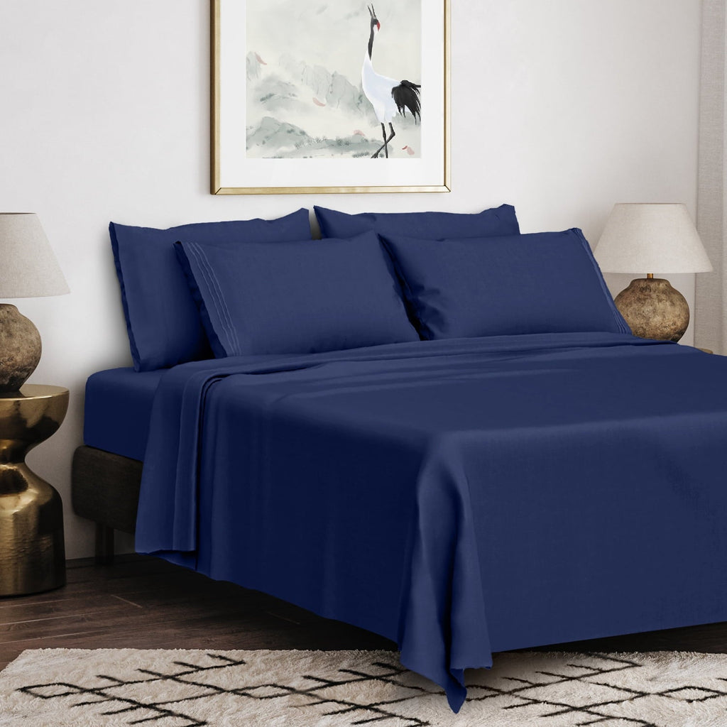 Wrinkle-Resistant Queen Bed Sheets Set, 6 Pc Microfiber Bed Sheets, Extra Deep Pocket Queen Fitted Sheet, Flat Sheet & Pillowcases, Nav... - Premium Ultra-Soft Pillowcase Pair for Sleeping Detail