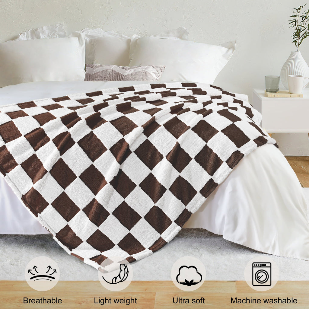 Decorative Knitted Checkered Throw Blanket, Super Soft and Warm Fluffy Fleece Blanket for Couch, Sofa, Bed, Cute Plaid Pattern, Coffee, ... - Lightweight Plush Warm Blanket for All Seasons Detail