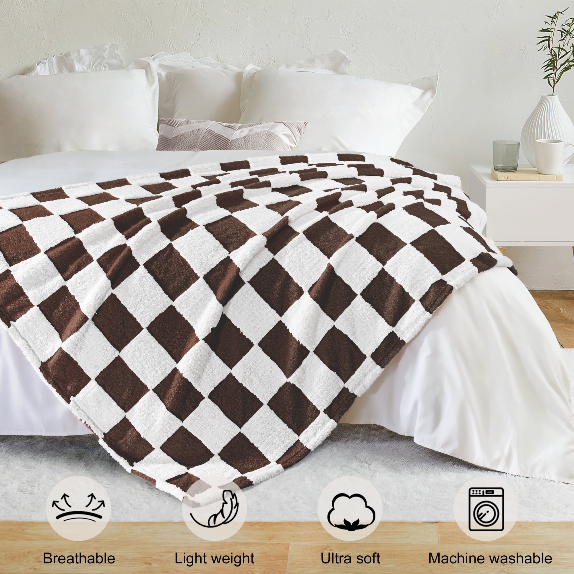 Decorative Knitted Checkered Throw Blanket, Super Soft and Warm Fluffy Fleece Blanket for Couch, Sofa, Bed, Cute Plaid Pattern, Coffee, ... - Lightweight Plush Warm Blanket for All Seasons Detail