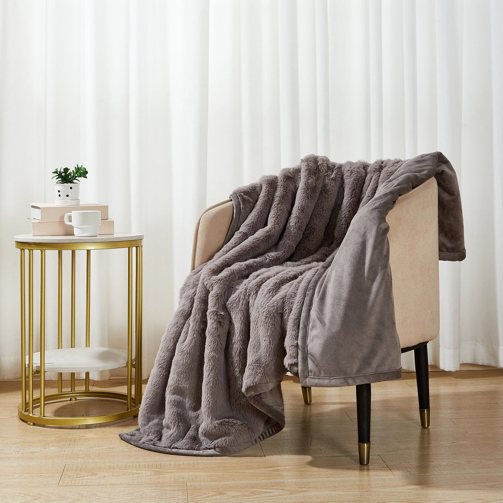 Decorative Knitted Grey Faux Fur Ultra Soft Luxury Oversized Throw Blanket 50" x 72", Grey Bisque - Cozy Fleece Throw Blanket for Couch & Bed Detail