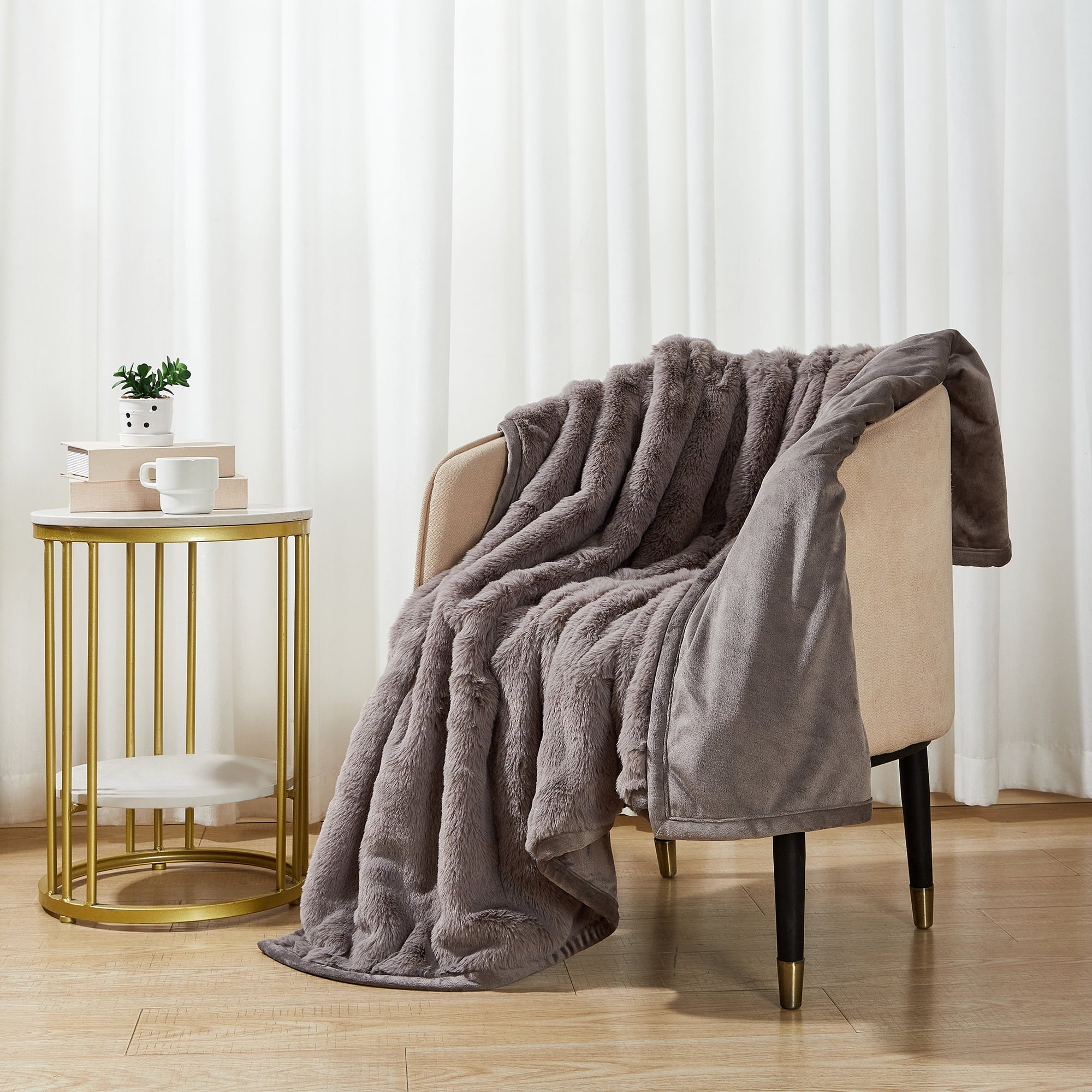 Decorative Knitted Grey Faux Fur Ultra Soft Luxury Oversized Throw Blanket 50" x 72", Grey Bisque - Cozy Fleece Throw Blanket for Couch & Bed Detail