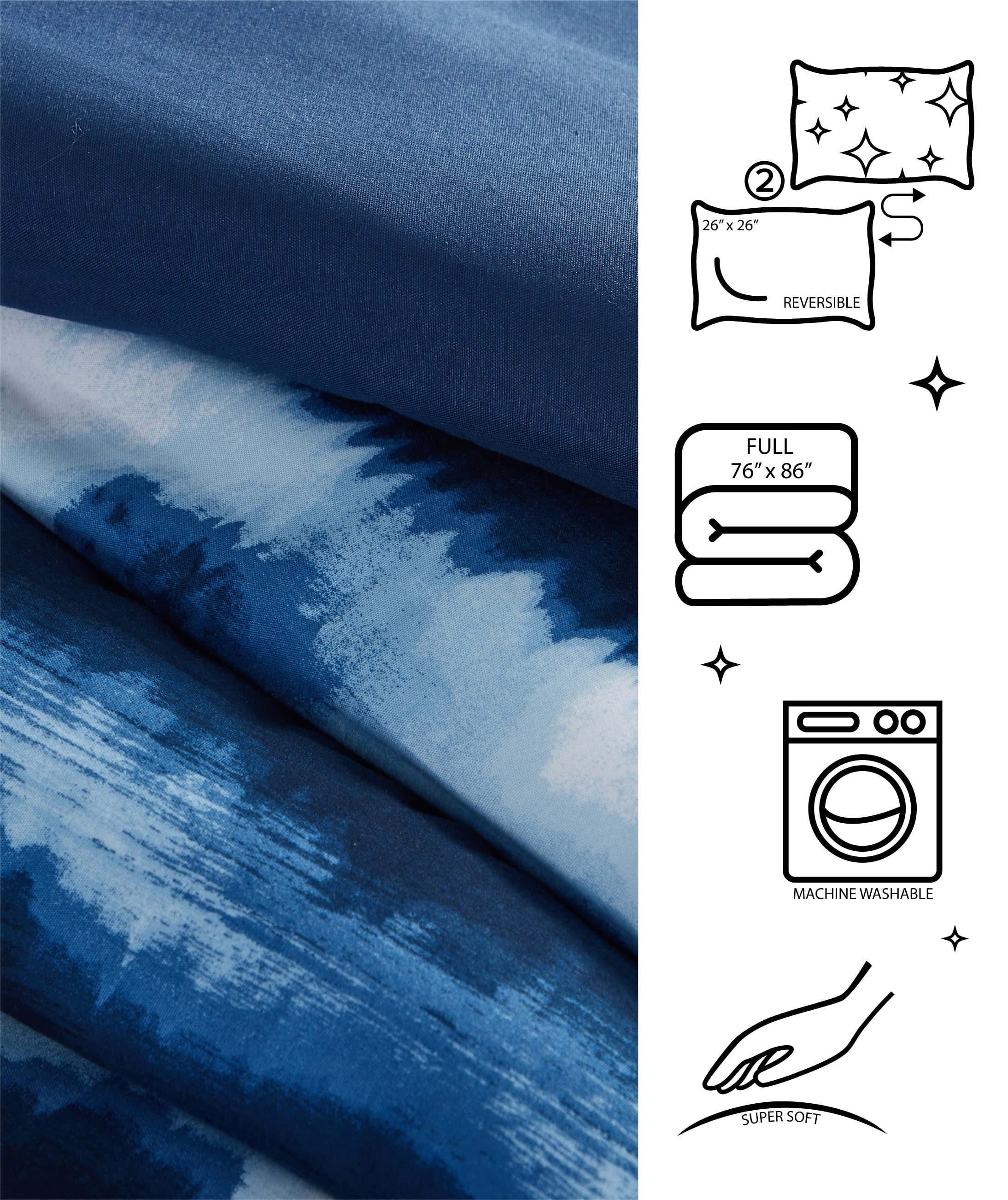 All-Season Tie Dye Navy 3 Piece Comforter Set, Full - Luxurious Quilted Duvet Cover Set Detail