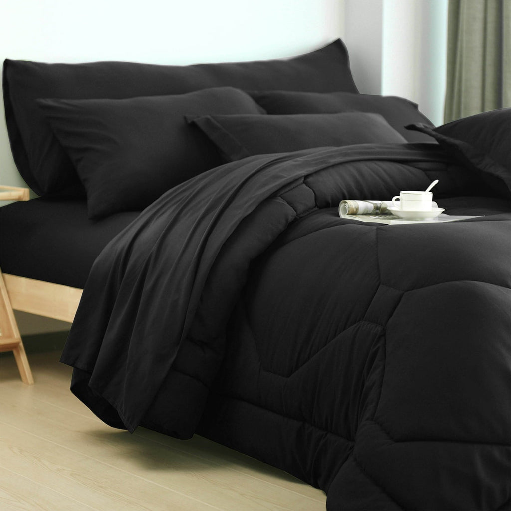 Heavyweight Warmth 8 PCS Modern Comforter Set with Sheets All Season Bed in a Bag, Black, Queen Size - Luxurious Quilted Duvet Cover Set Detail