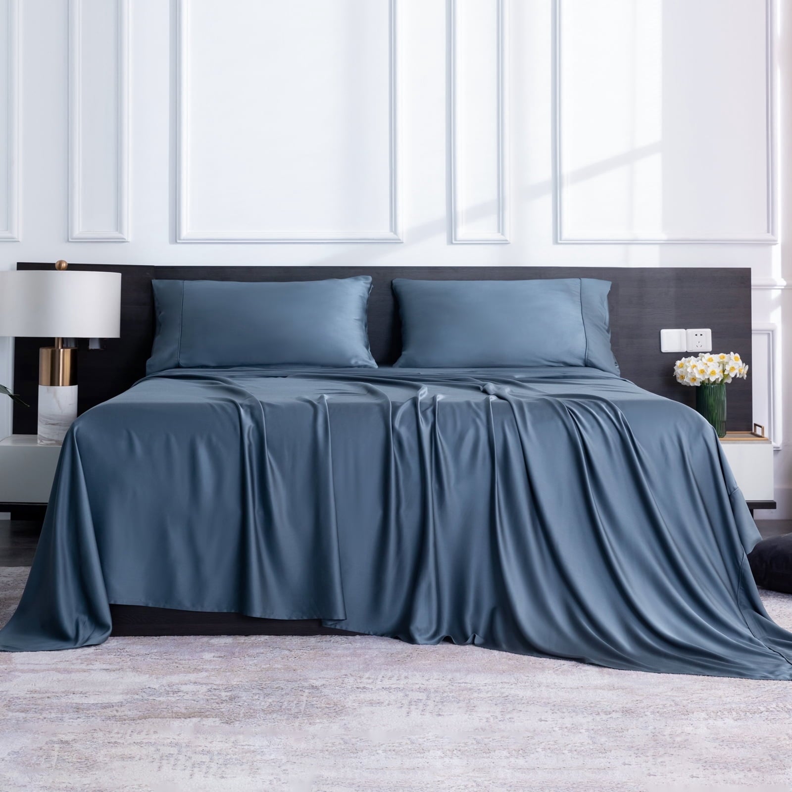 Wrinkle-Resistant Luxury Bamboo Bed Sheets Set Full 4 Pcs for Adult,Soft&Cool,16" Deep Pocket,Blue Gray - Premium Ultra-Soft Pillowcase Pair for Sleeping Detail