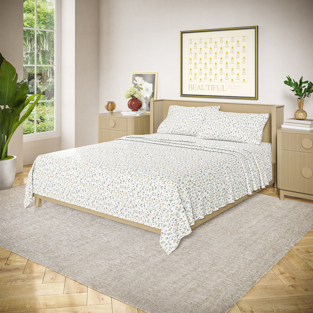 Premium Egyptian Cotton Botanical 4-Piece 100% Cotton Washed Percale White Sheet Set, Queen - Breathable Egyptian Cotton Flat & Fitted Sheets Detail