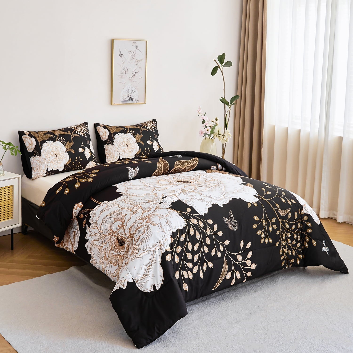 Hypoallergenic Cloud Black Floral Comforter Set Queen, Printed Comforter White Flowers Butterfly Bedding Set, 3 Pieces Botanical Reversibl... - Hypoallergenic Ultra-Fluffy Quilt for Winter Detail