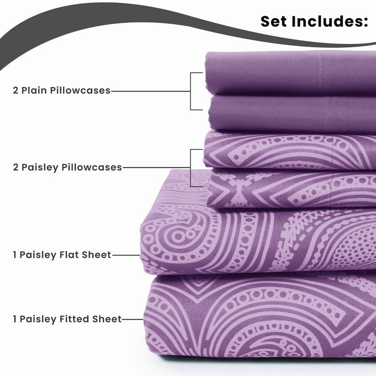 Breathable Luxury Paisley Printed Queen Bed Sheets Set, Microfiber 6 Piece Bedding Set - Purple - Premium Ultra-Soft Pillowcase Pair for Sleeping Detail