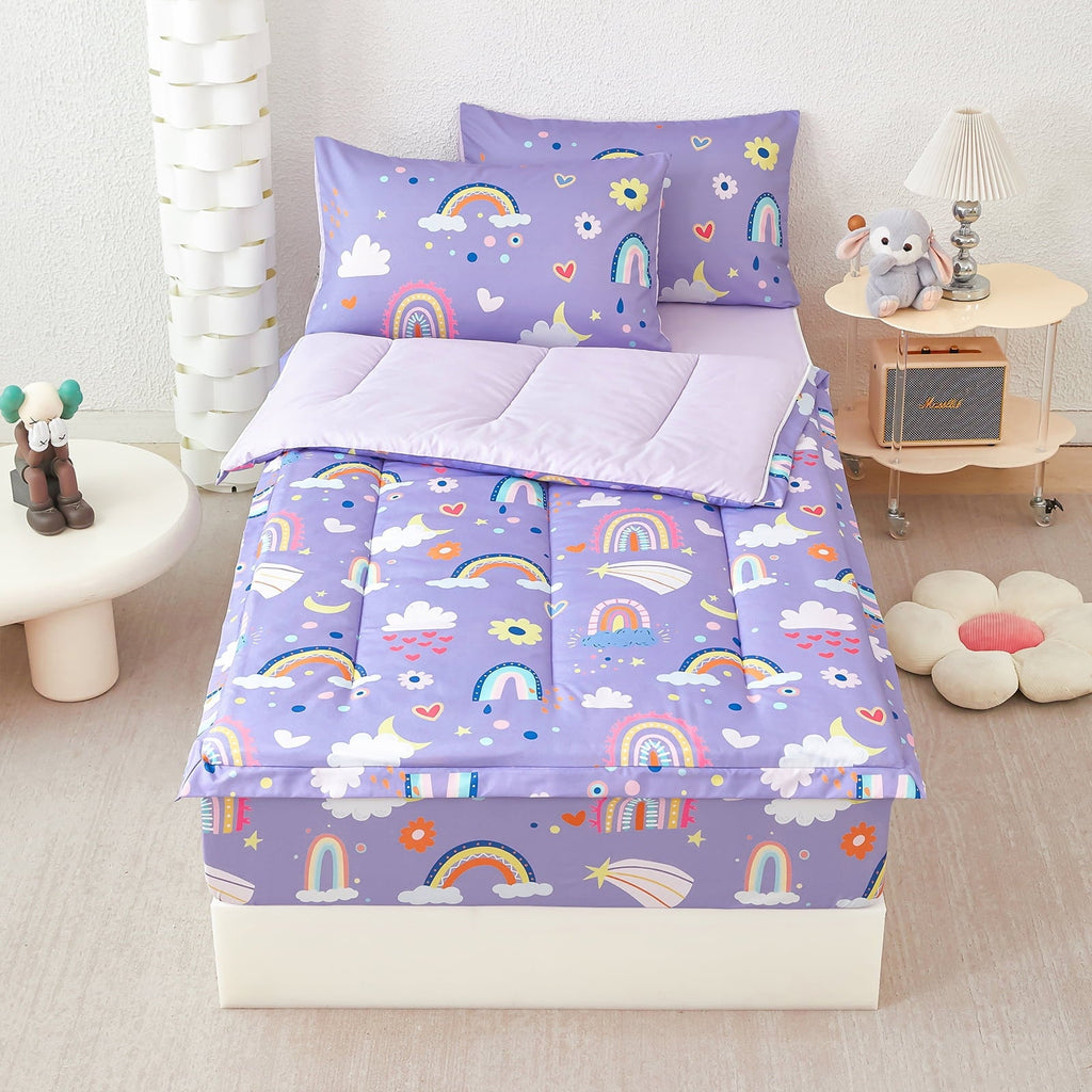 Heavyweight Warmth Zipper Kids Comforter Set, 3-Piece Purple Twin Bed in a Bag, Cartoon Rainbow Stars Flowers Printed Zip Up Comforter S... - Luxurious Quilted Duvet Cover Set Detail