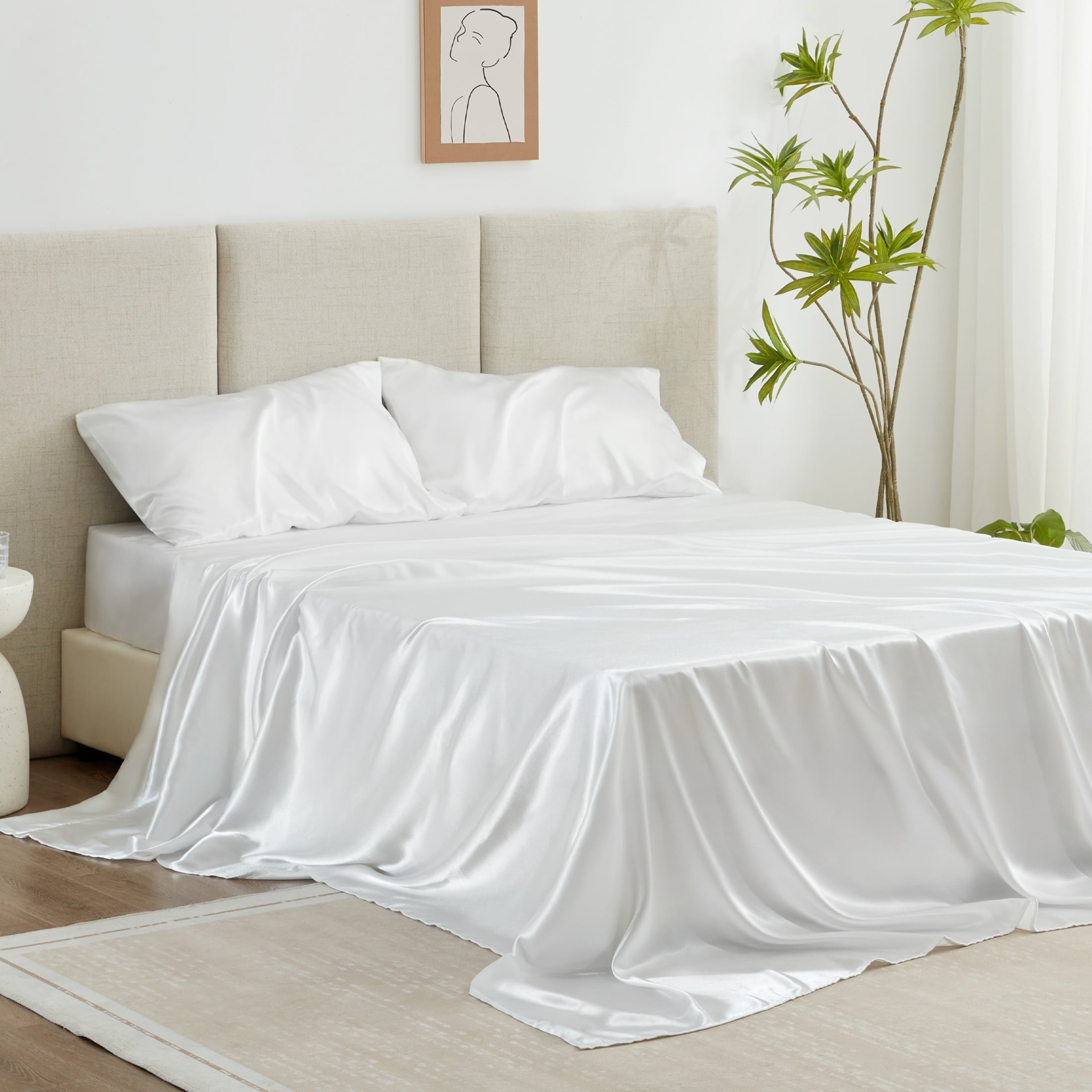 Premium Egyptian Cotton Satin Sheets Full Sheet Set Deep Pocket Luxury Silky Bed Sheets for Hair and Skin 4 Pieces, White - Cooling Hotel Quality Bedding Sheets and Pillowcases Detail