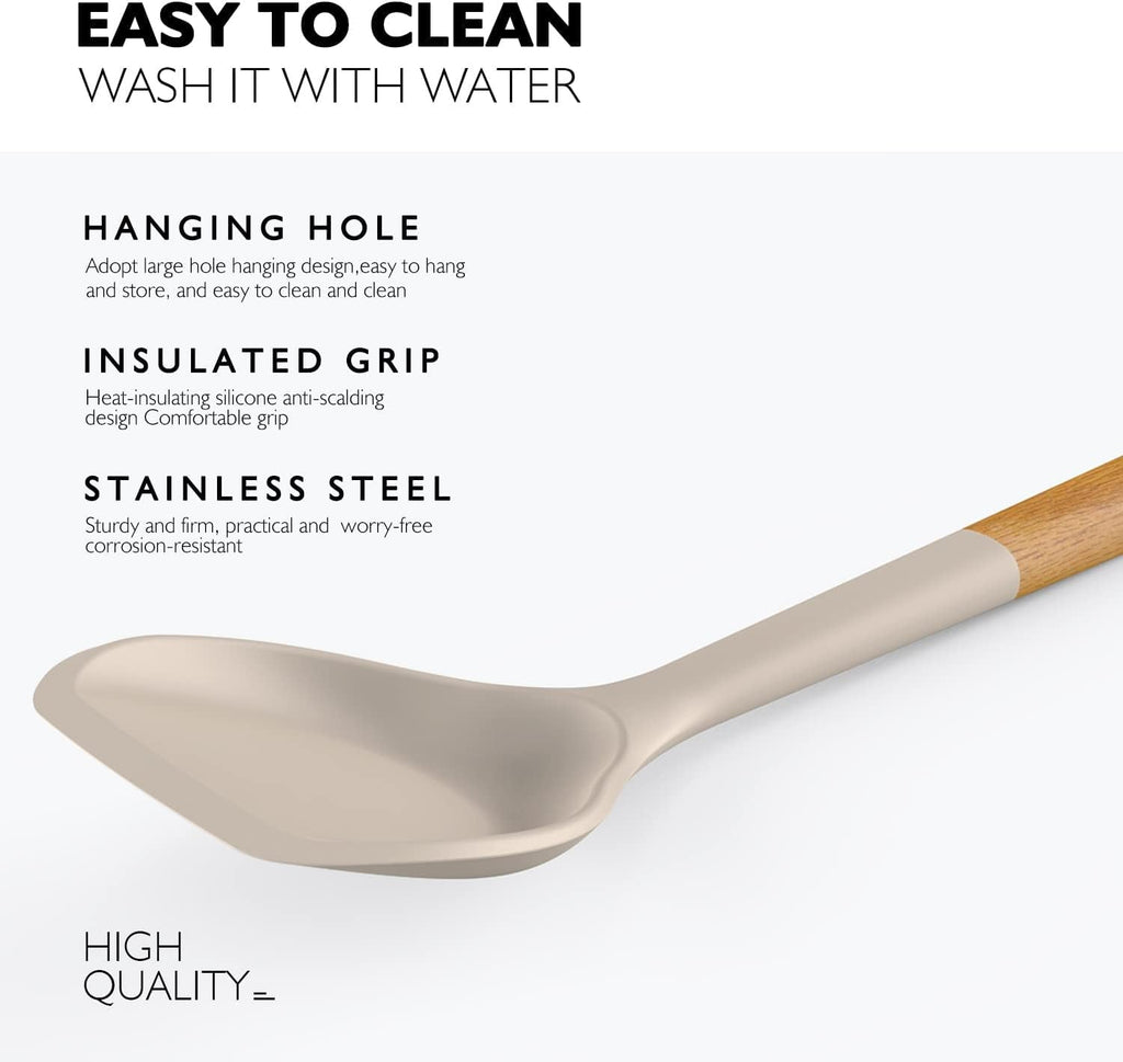 Ergonomic Cooking Large Silicone Cooking Utensils - Heat Resistant Kitchen Utensil Set with Wooden Handles, Spatula,Turner, Slotted Spo... - Durable Turner & Ladle Utensil Set for Home Chefs Detail