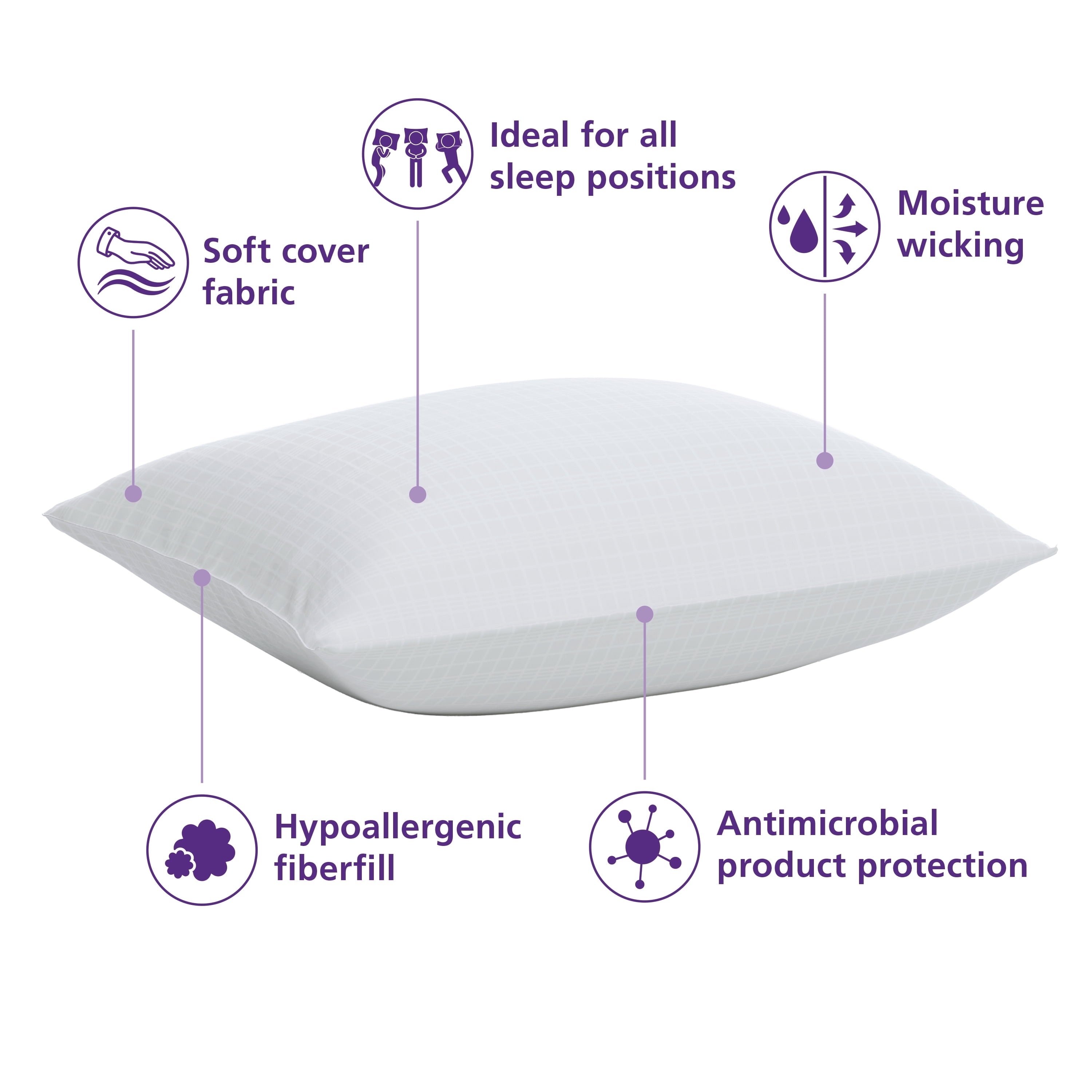 Decorative Plump Comfort Complete Bed Pillow, Standard/Queen, White- All Positions Antimicrobial - Hotel Quality Plush Sleeping Pillows Detail