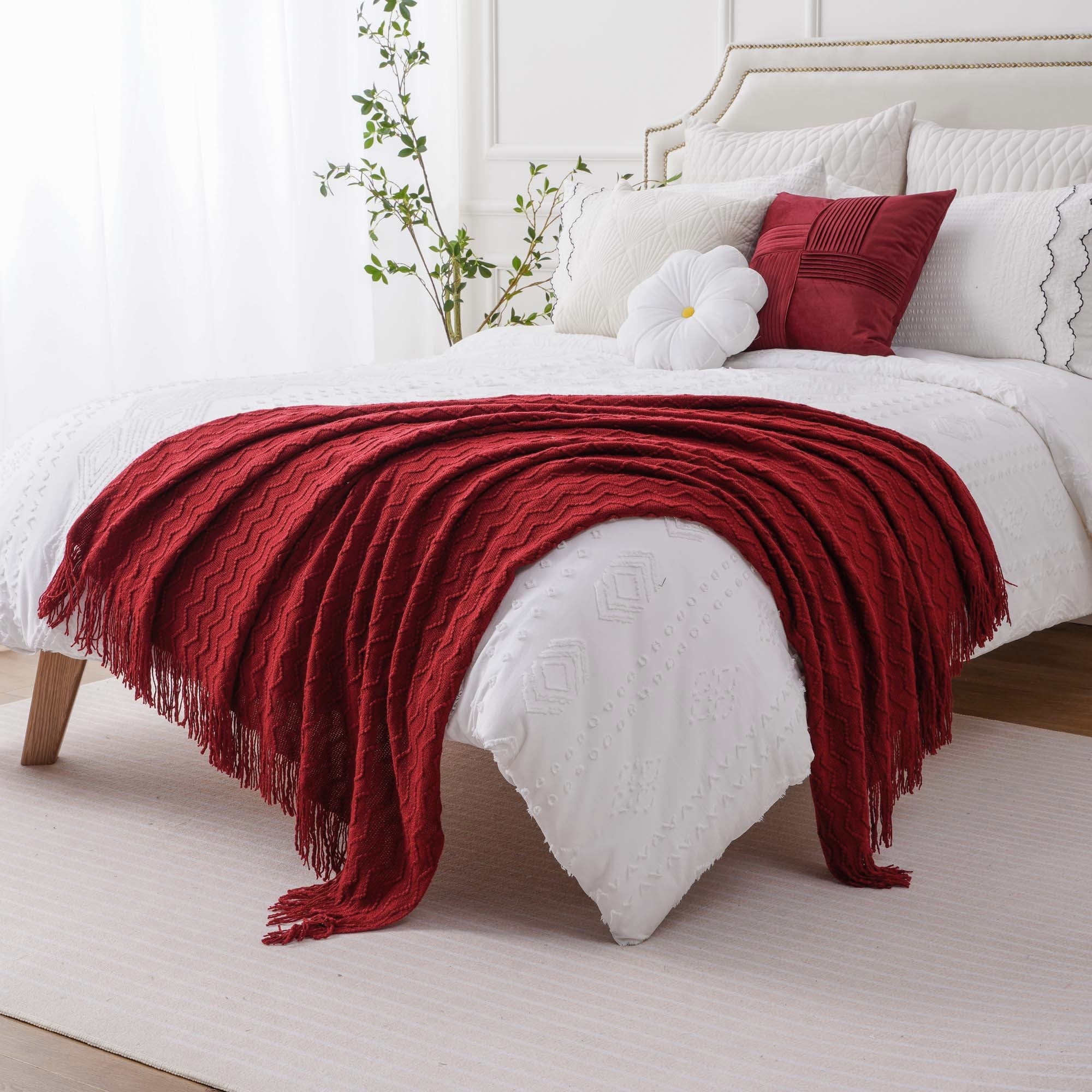 Cozy Fleece Dark Red Blanket for Couch,Burgundy Knit Throw Blanket for Bedroom,Christmas Throw,50"x60" - Luxury Knitted Decorative Throw Blanket with Fringes Detail