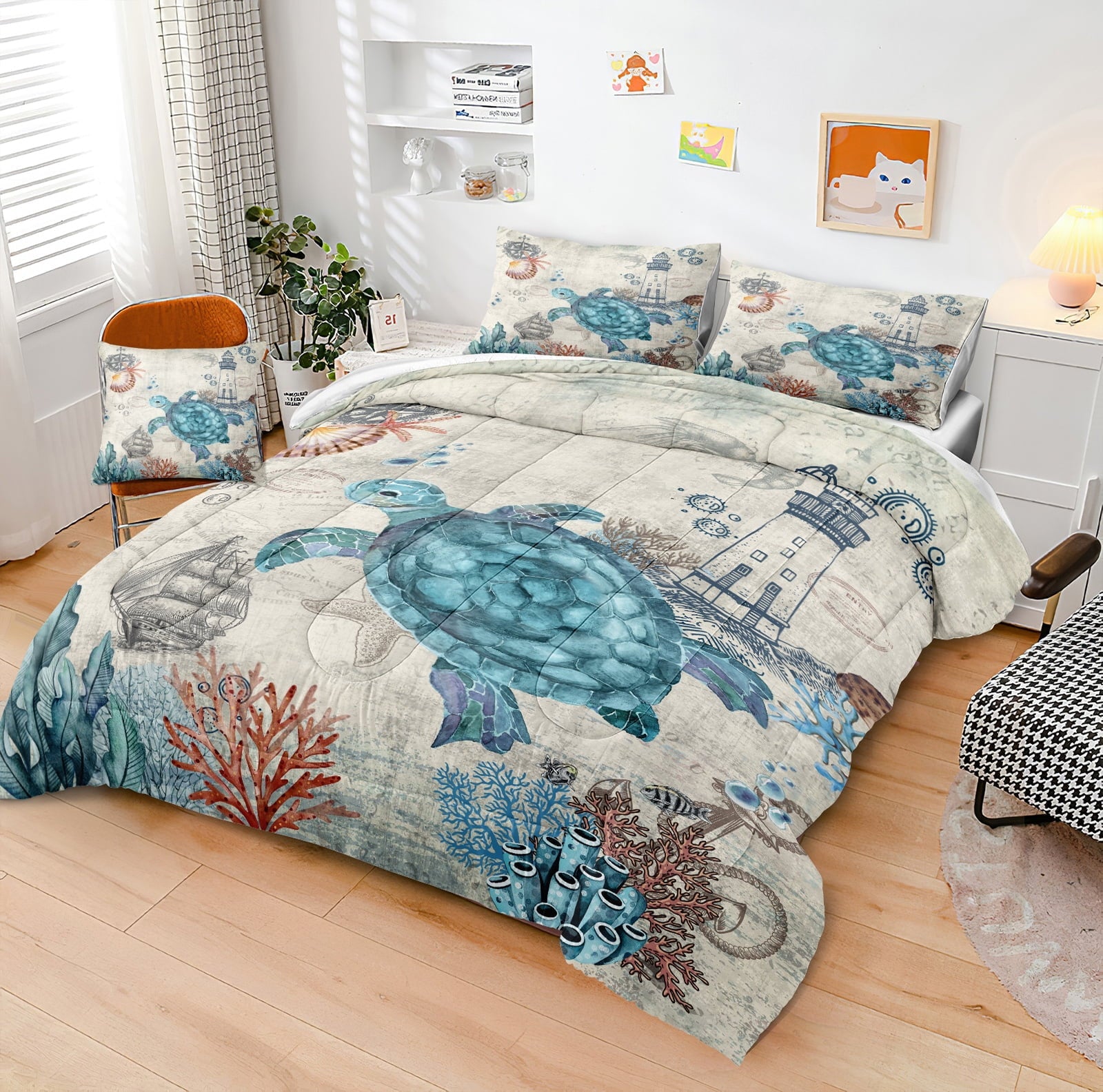 Luxurious Quilted Sea Turtle Comforter Set Queen Ocean Beach Bedding Set Soft and Lightweight Retro Style Design Coastal Bedding Set - Luxurious Quilted Duvet Cover Set Detail