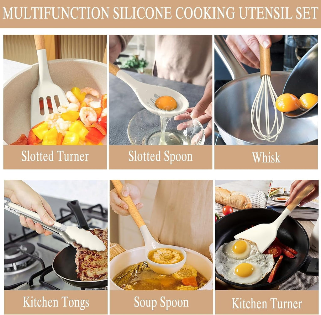 High-Precision Kitchen Cooking Utensils Set, 33 pcs Non-stick Silicone Cooking Kitchen Utensils Spatula Set with Holder, Wooden Hand... - Multi-Purpose Hand Tool for Daily Meal Prep Detail
