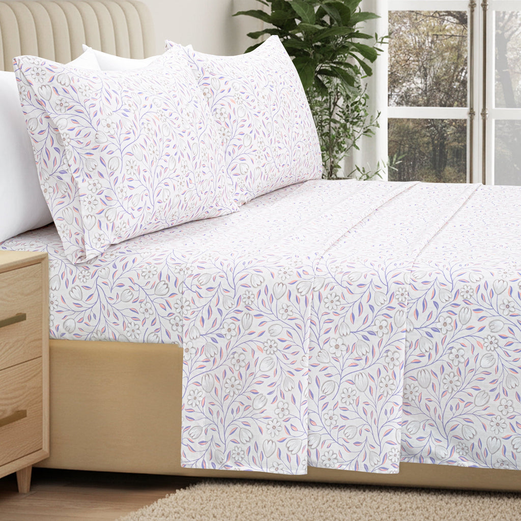 Ultra-Soft 100% Cotton Full Size Sheets,4 Piece Pure Percale Bed Sheets Set Deep Pocket Fits Mattress Upto 15",floral vine pattern - Cooling Hotel Quality Bedding Sheets and Pillowcases Detail