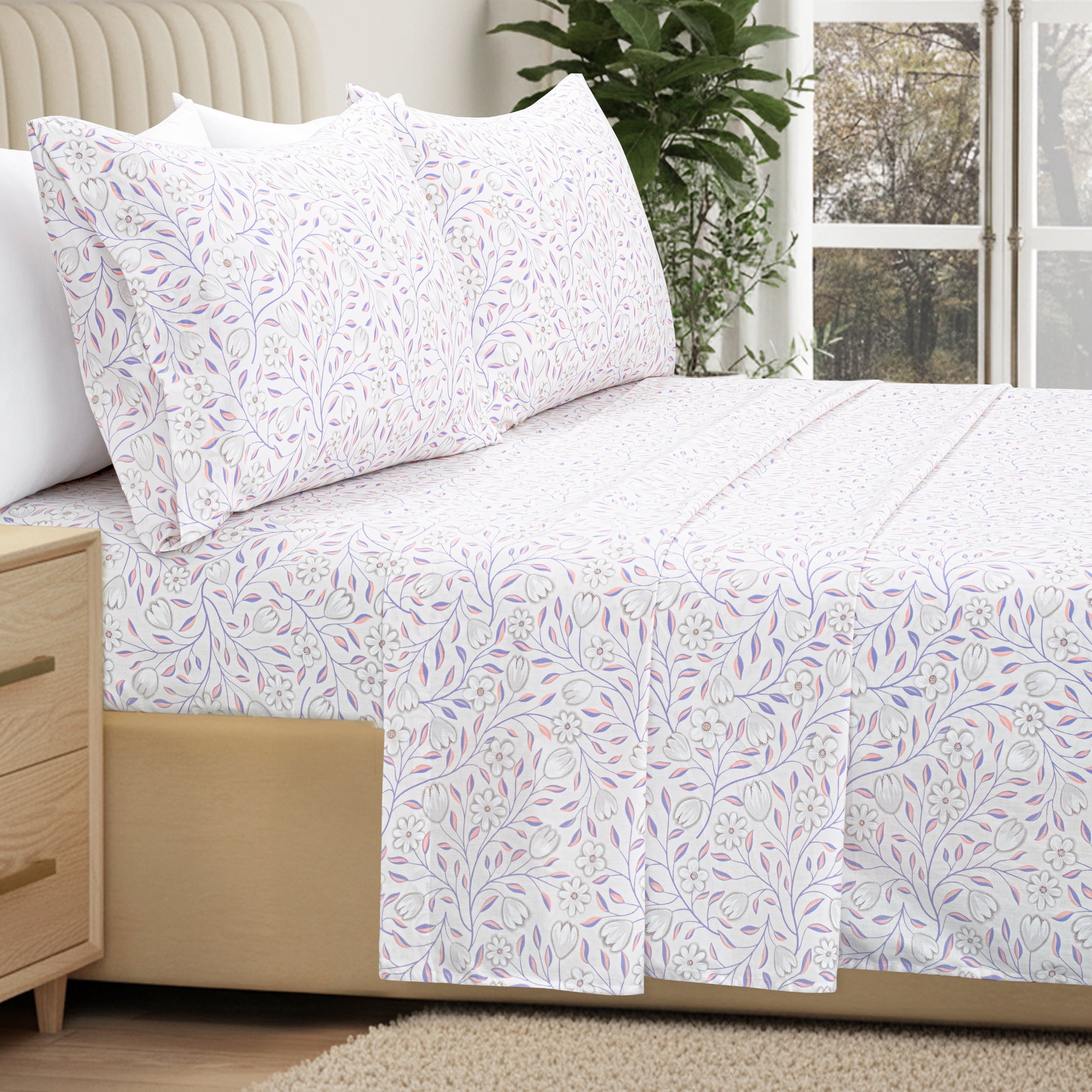Ultra-Soft 100% Cotton Full Size Sheets,4 Piece Pure Percale Bed Sheets Set Deep Pocket Fits Mattress Upto 15",floral vine pattern - Cooling Hotel Quality Bedding Sheets and Pillowcases Detail