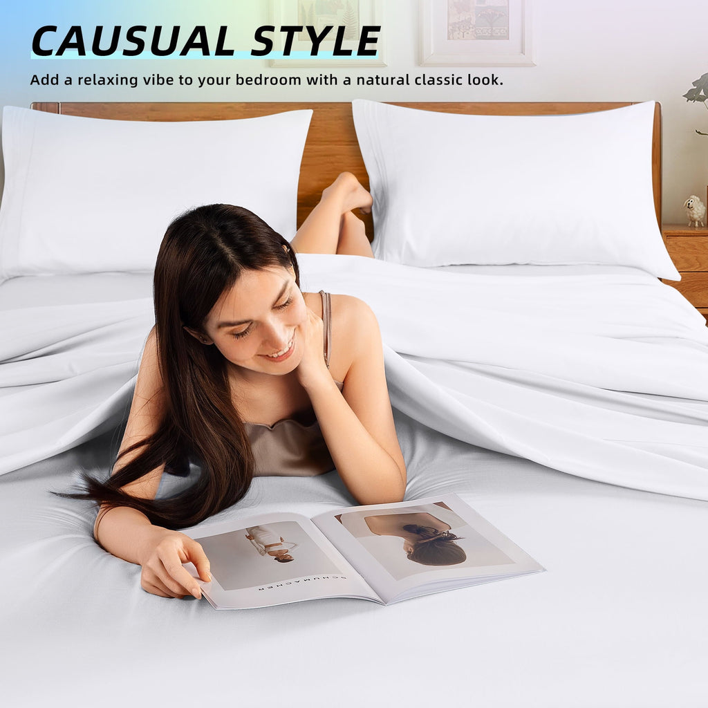 Ultra-Soft Bed Sheets Set, Microfiber Deep Pocket 4 Pieces Luxury Soft Sheet Set, Queen, White - Cooling Hotel Quality Bedding Sheets and Pillowcases Detail