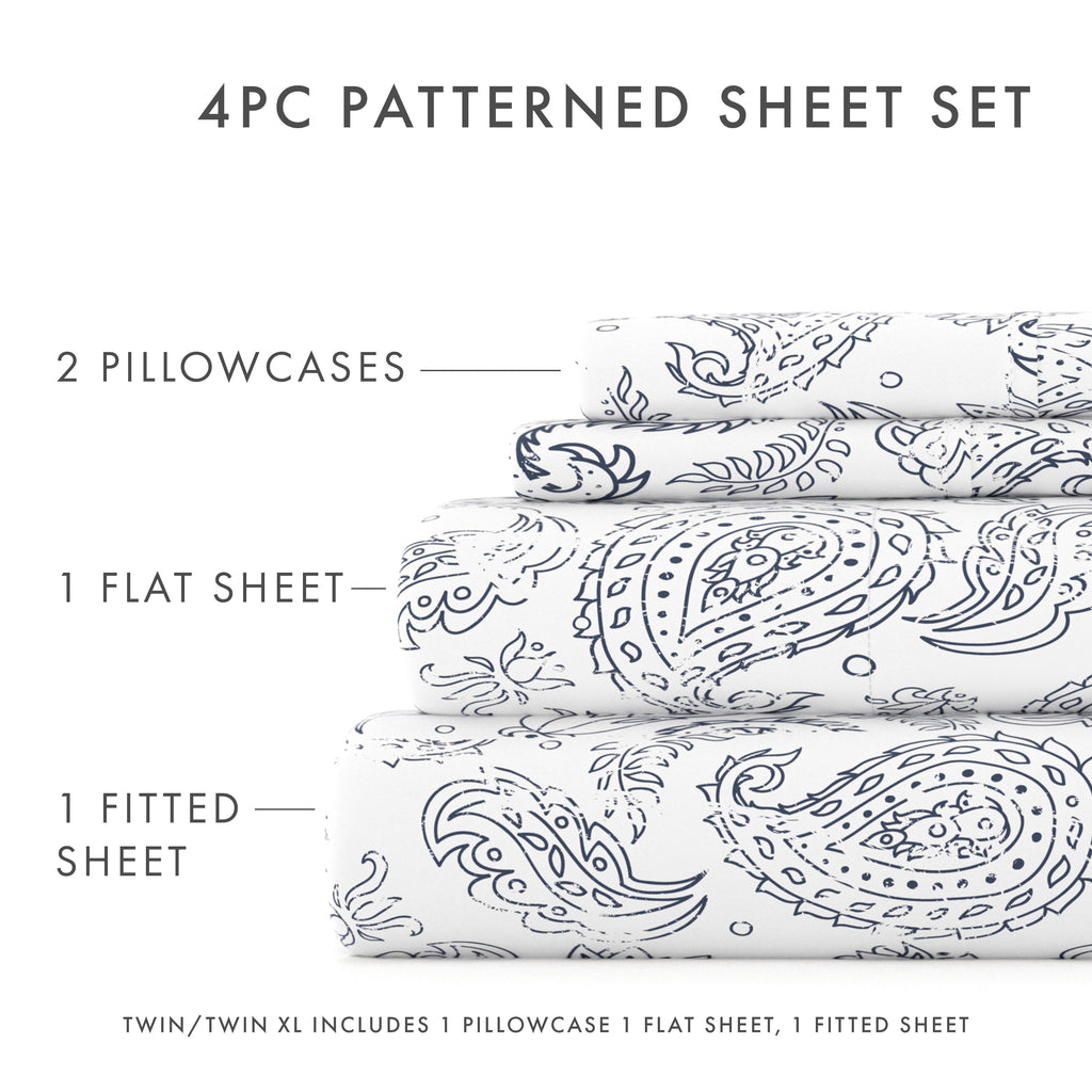 Wrinkle-Resistant 4 Piece Pattern Microfiber Bed Sheets Set, Navy Coarse Paisley, Full - Luxury Bed Sheet Set with Deep Pockets Detail