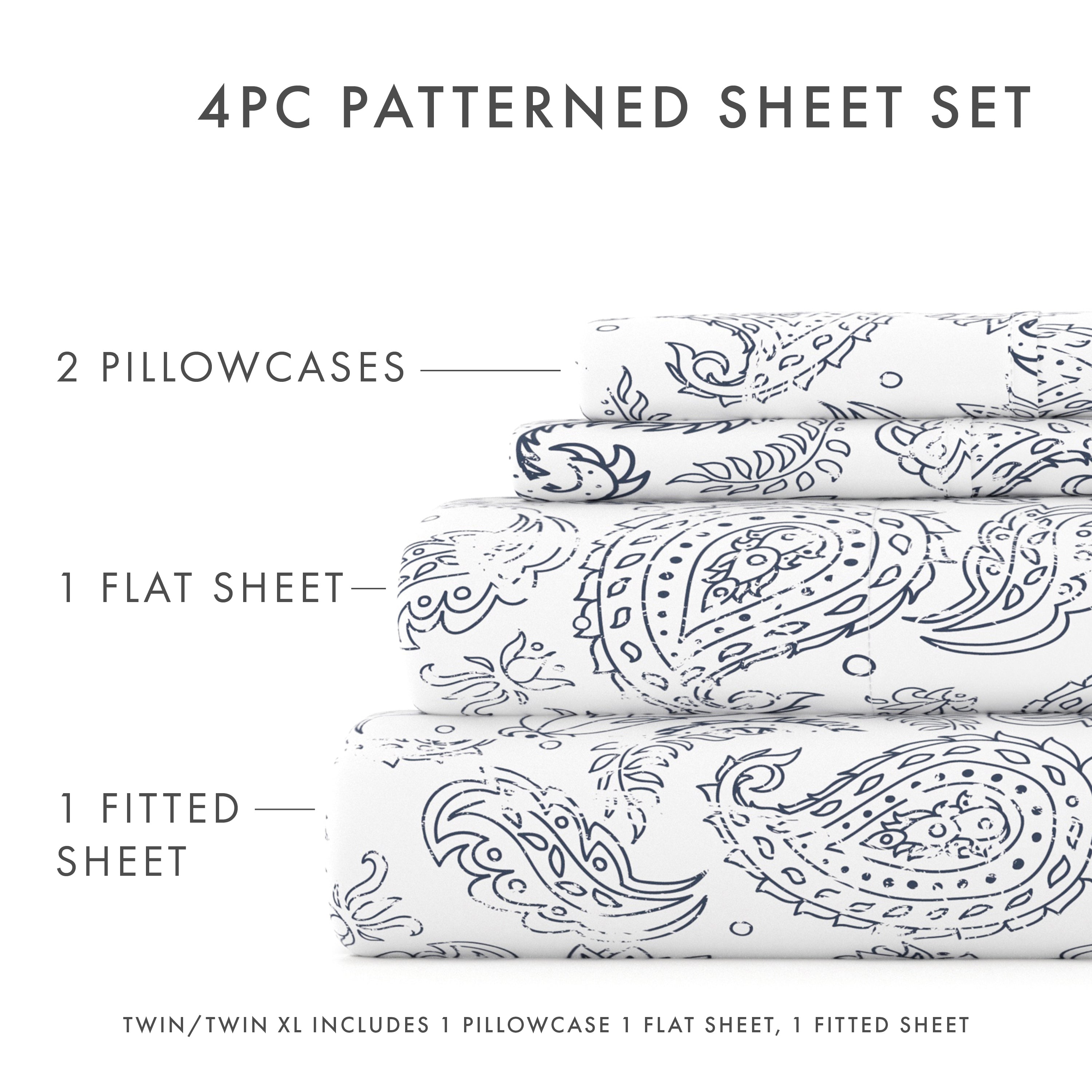 Wrinkle-Resistant 4 Piece Pattern Microfiber Bed Sheets Set, Navy Coarse Paisley, Full - Luxury Bed Sheet Set with Deep Pockets Detail