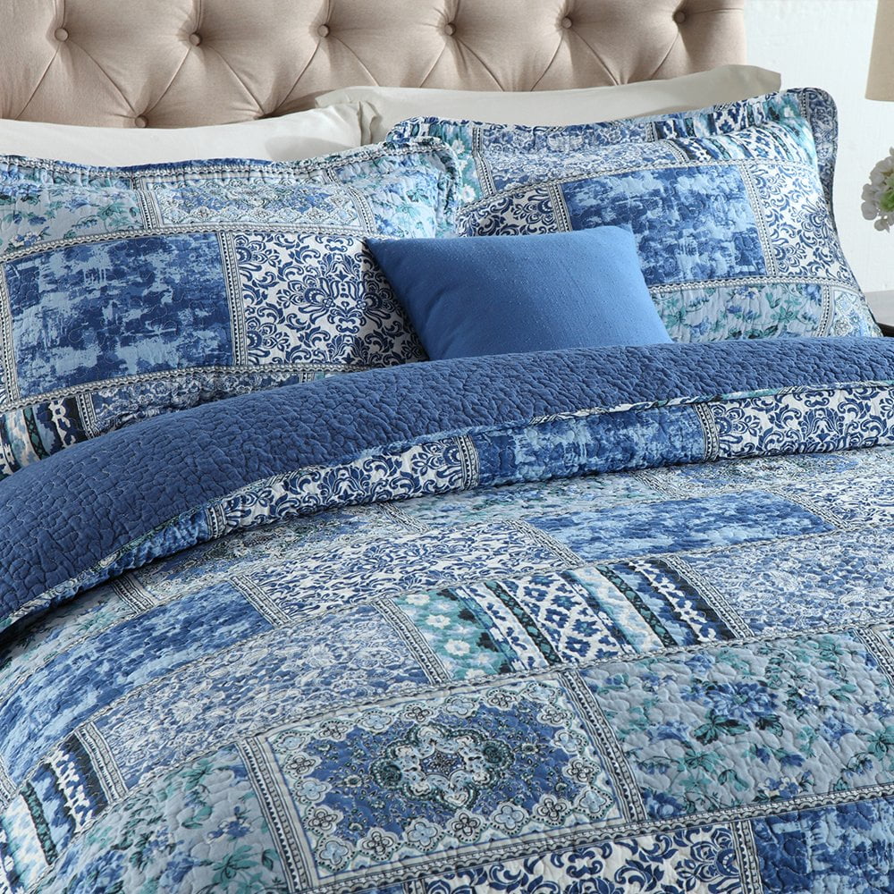 Fluffy Down Alternative Quilt Comforter Cotton Bedding Set With Shams, Vintage Blue, King - Cloud-Like Soft Lightweight Bed Comforter Detail