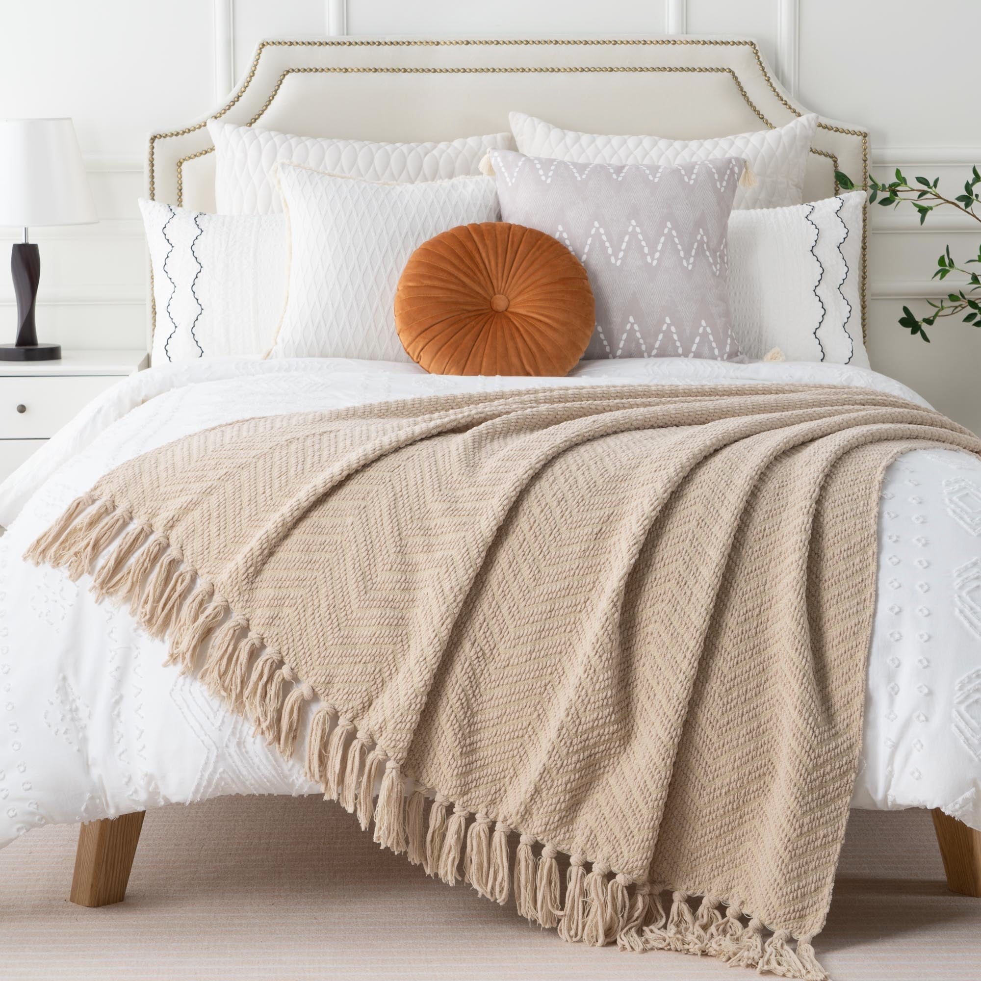 Decorative Knitted Beige Throw Blanket,Textured Knitted Tan Throws with Tassels,Neutral Sofa Bed Throws,50"x60" - Luxury Knitted Decorative Throw Blanket with Fringes Detail