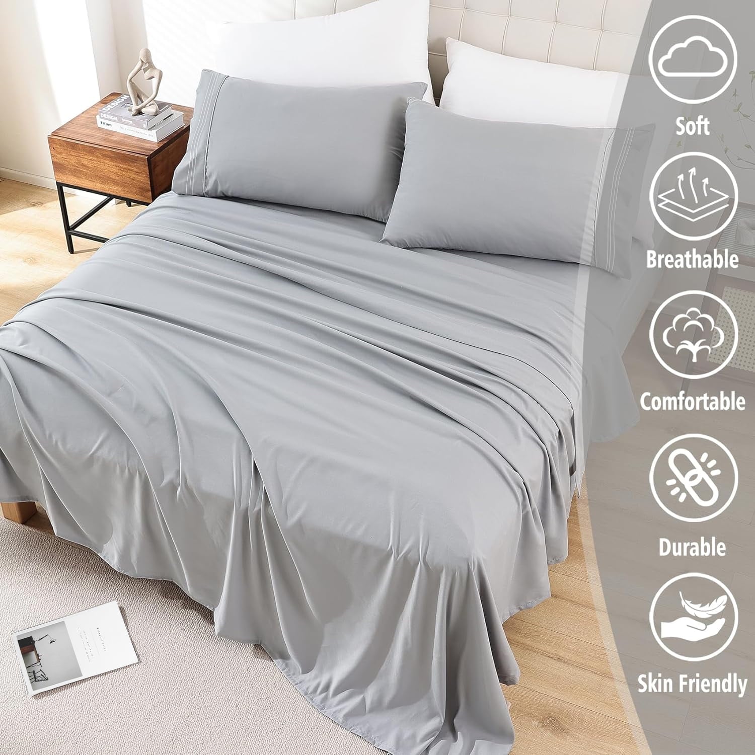 Cooling Sateen Queen Size Sheet Set - Breathable & Cooling Bed Sheets, Hotel Luxury Bed Sheets for Sleepers, Soft & Wrinkle Free She... - Cooling Hotel Quality Bedding Sheets and Pillowcases Detail