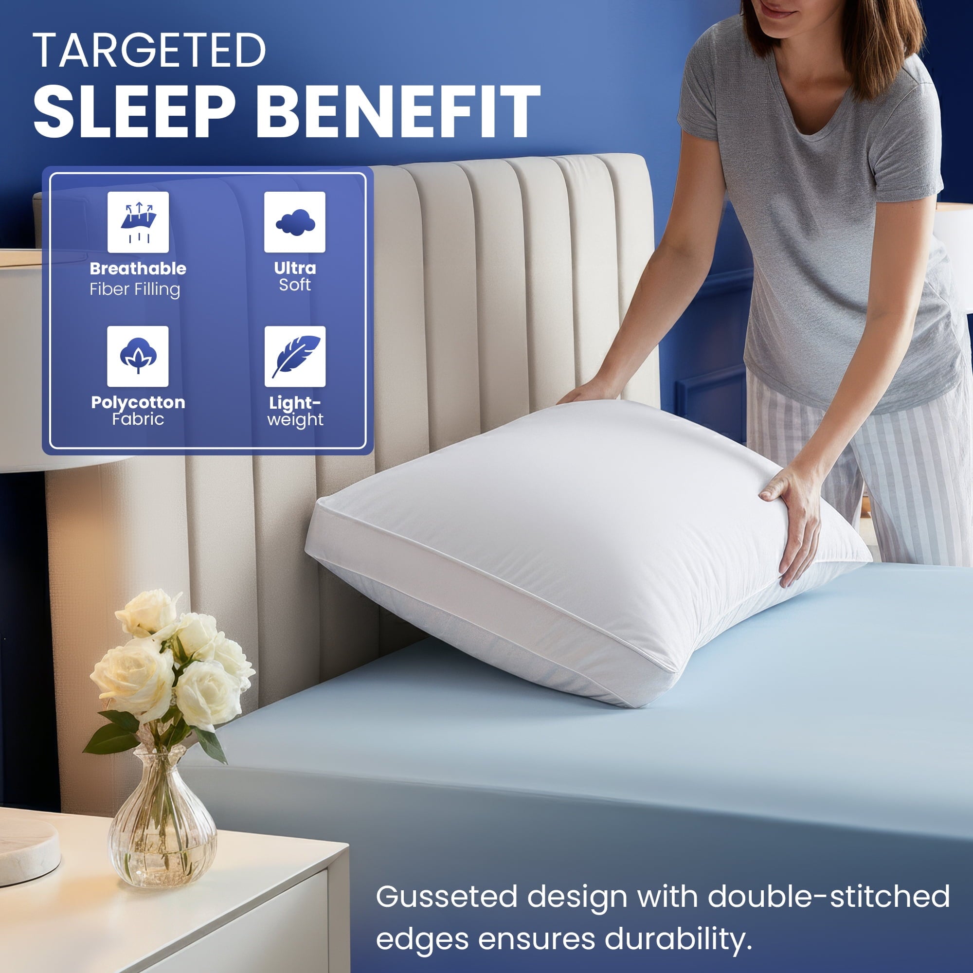 Hotel Collection Queen Bed Pillow, 26"L x 18" W, Set of 2, Soft and High-Quality, Gusseted Pillow for All Sleep Positions (White) - Decorative Throw Pillow Cushion for Sofa & Bed Detail