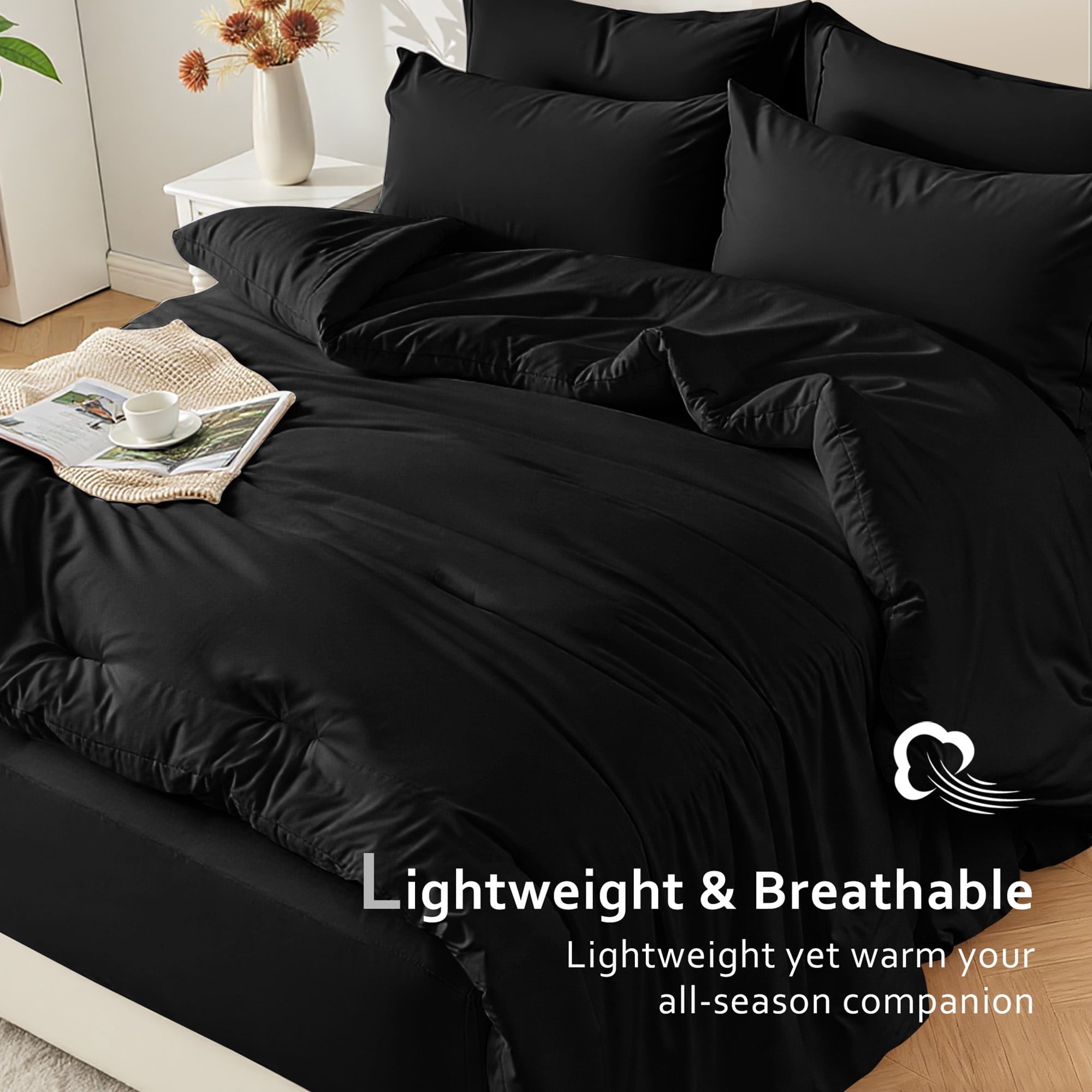Fluffy Down Alternative 5-Piece Bed in Bag - Twin Size Comforter Sets, Pillowcases & Sheet Collection for Cozy Bedding Sets Black - Luxurious Quilted Duvet Cover Set Detail
