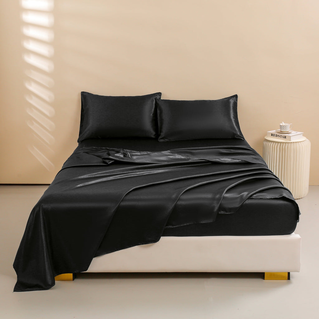 Wrinkle-Resistant 4Pcs Black Satin Sheets Queen Set Silk Sheets 13" Deep Pocket Ultra Soft silky Bed Sheet Set - Breathable Egyptian Cotton Flat & Fitted Sheets Detail