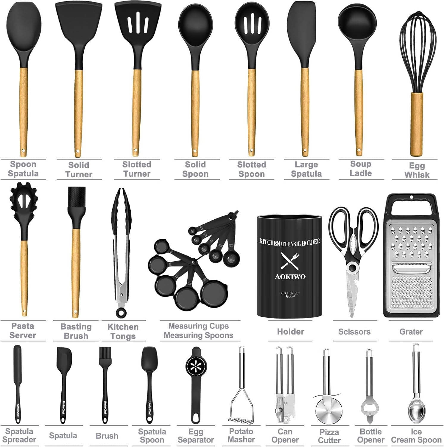 Ergonomic Cooking Kitchen Utensil Set, 34Pieces Silicone Cooking Utensil Set with Wooden Handle, Heat Resistant Spatula Set Gadg... - Heat-Resistant Silicone Cooking Spatula Turner Detail