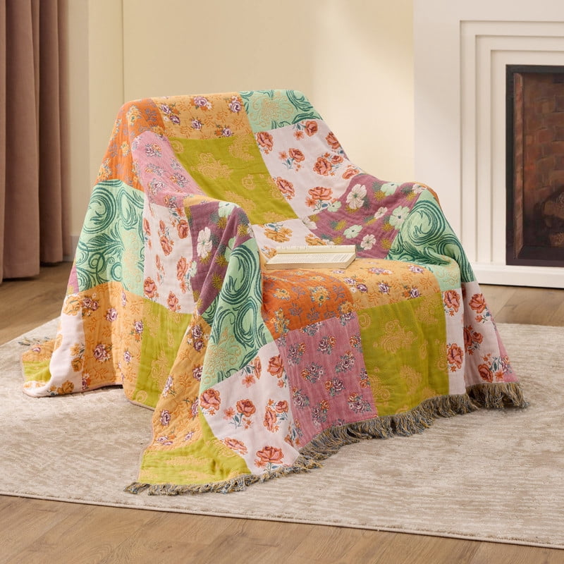 Cozy Fleece 100% Cotton Boho Blankets for Home Decor – Colorful Patchwork Reversible Farmhouse Quilt Bedding, Vintage Woven Decor... - Super Soft Reversible Sherpa Flannel Blanket Detail