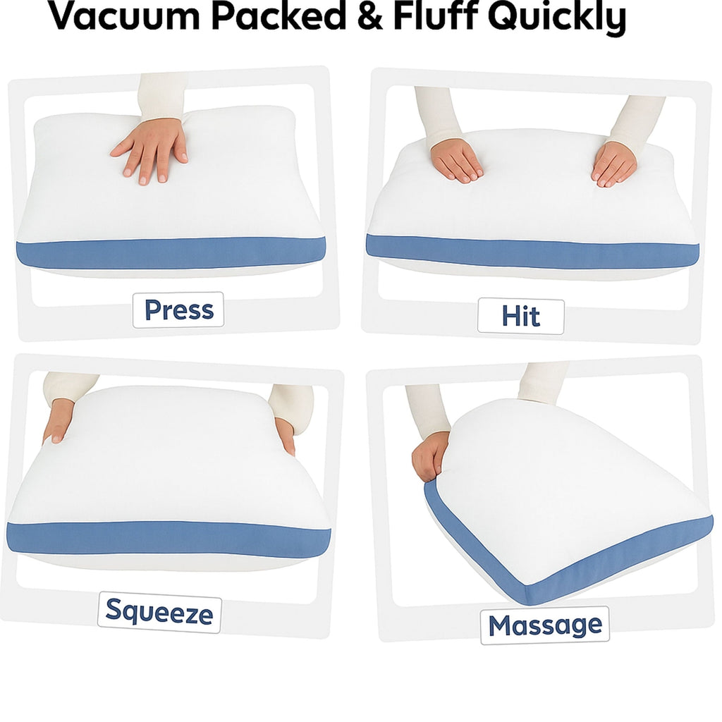 Decorative Plump Gusseted Queen 18x26 Bed Pillows for Sleeping Set of 2 Polycotton White Blue Stripe Comfortable - Orthopedic Shredded Foam Bed Pillow Set Detail