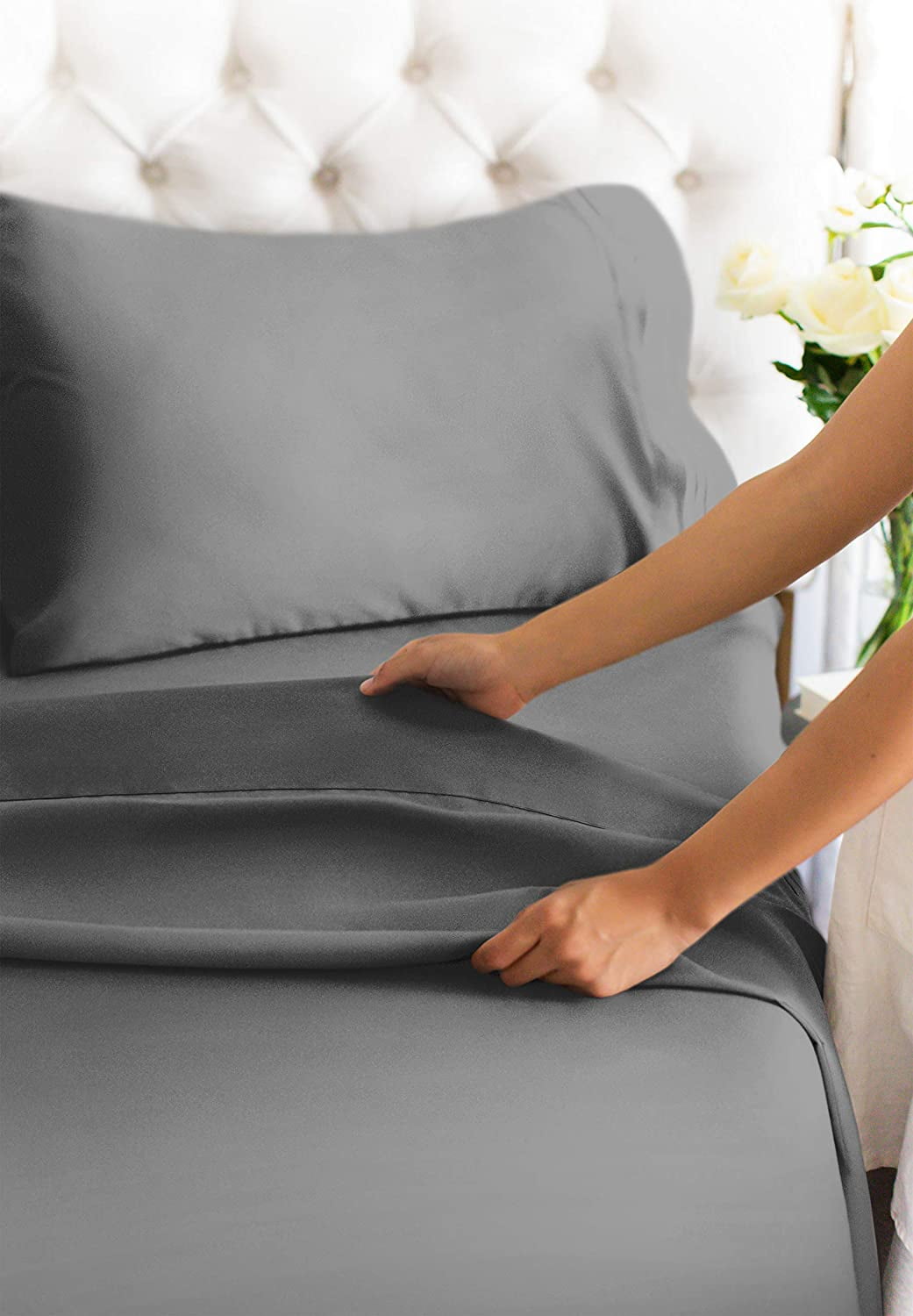Ultra-Soft 4-Piece Extra Deep Pocket Sheet Set - Full Size Breathable & Cooling Bed Sheets Fits 18"-24" Mattresses, Gray - Cooling Hotel Quality Bedding Sheets and Pillowcases Detail
