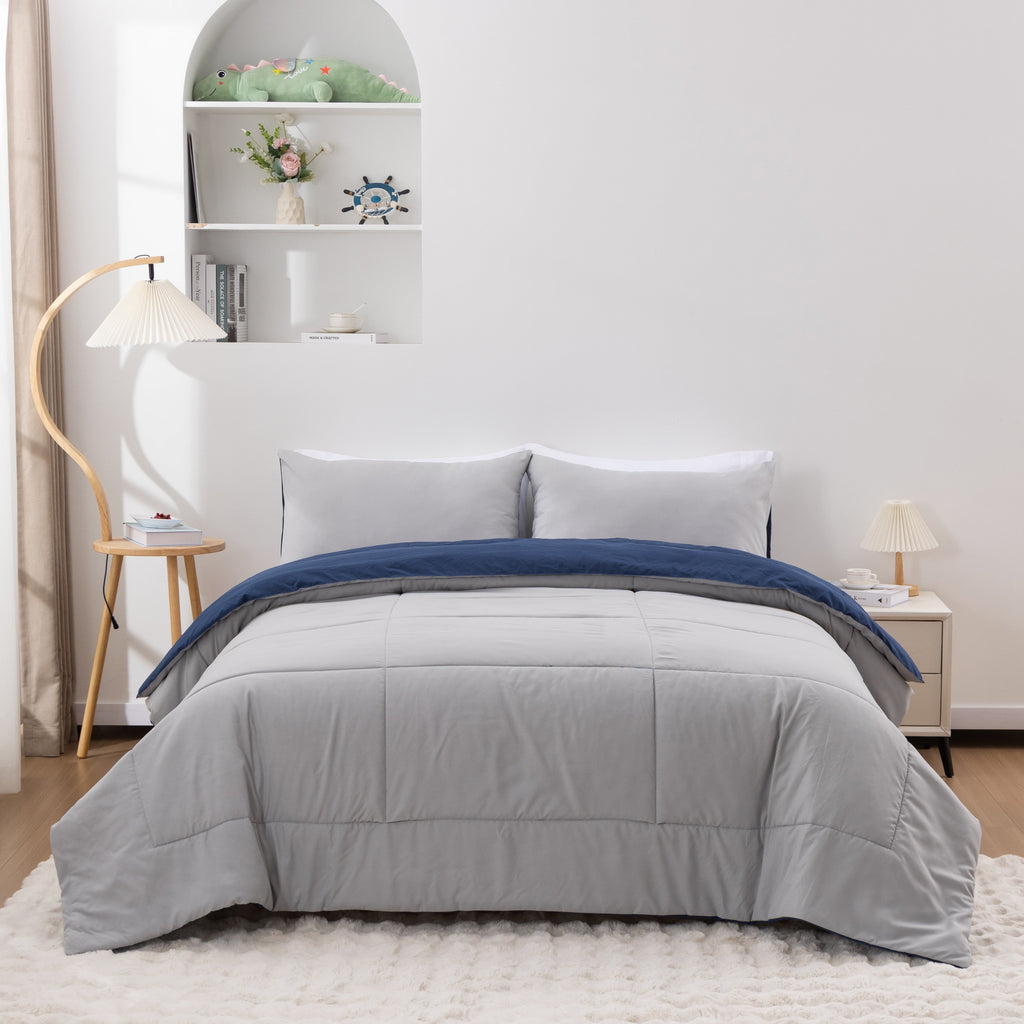 Heavyweight Warmth Queen Comforter Set All Season Reversible Bed Set with 2 Pillow Cases 3 Pieces Bedding Sets Down Alternative Blue/Gra... - Luxurious Quilted Duvet Cover Set Detail
