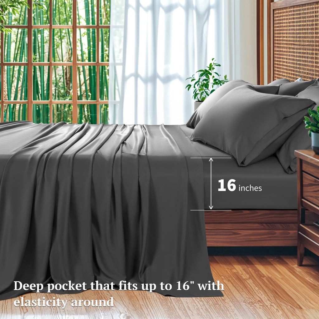 Wrinkle-Resistant 6 Pieces Bamboo Bed Sheets Set, Luxury Rayon Derived - Deep Pockets - Wrinkle Free - Extremely Soft, Queen, Dark Gray - Breathable Egyptian Cotton Flat & Fitted Sheets Detail
