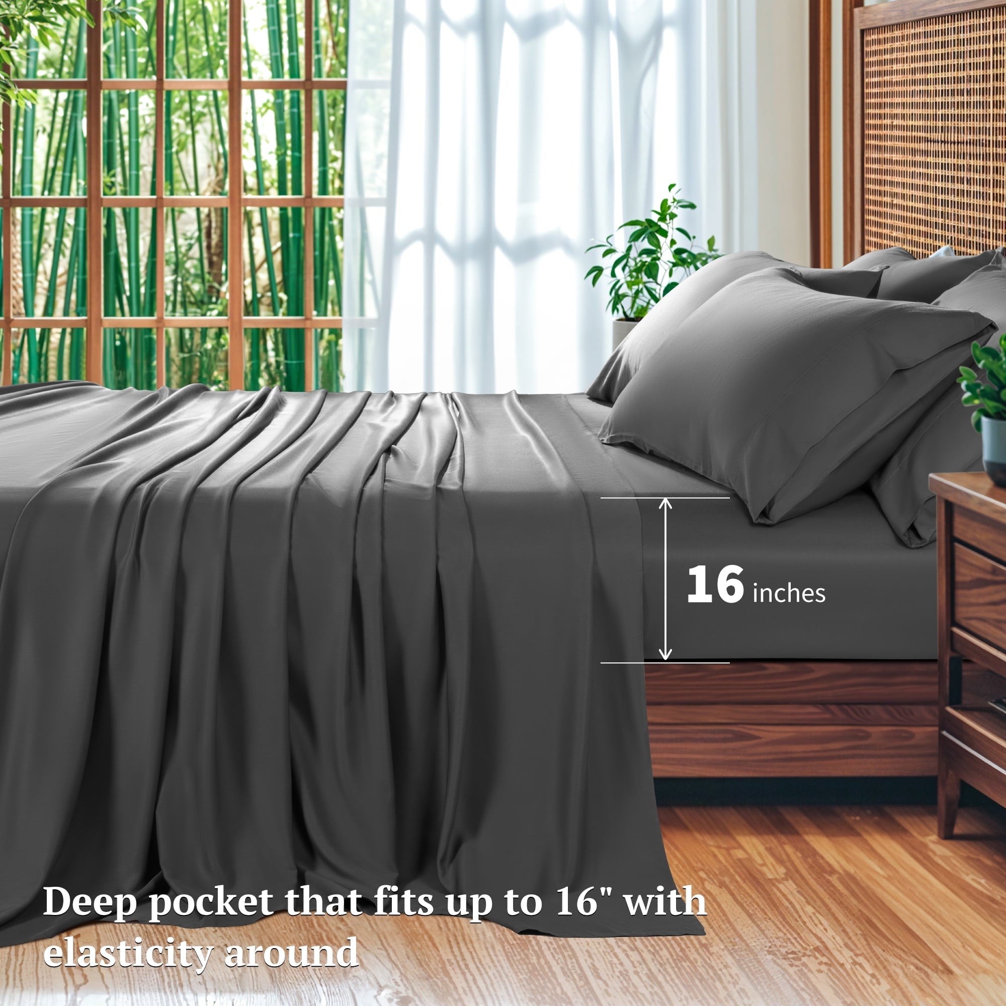 Wrinkle-Resistant 6 Pieces Bamboo Bed Sheets Set, Luxury Rayon Derived - Deep Pockets - Wrinkle Free - Extremely Soft, Queen, Dark Gray - Breathable Egyptian Cotton Flat & Fitted Sheets Detail