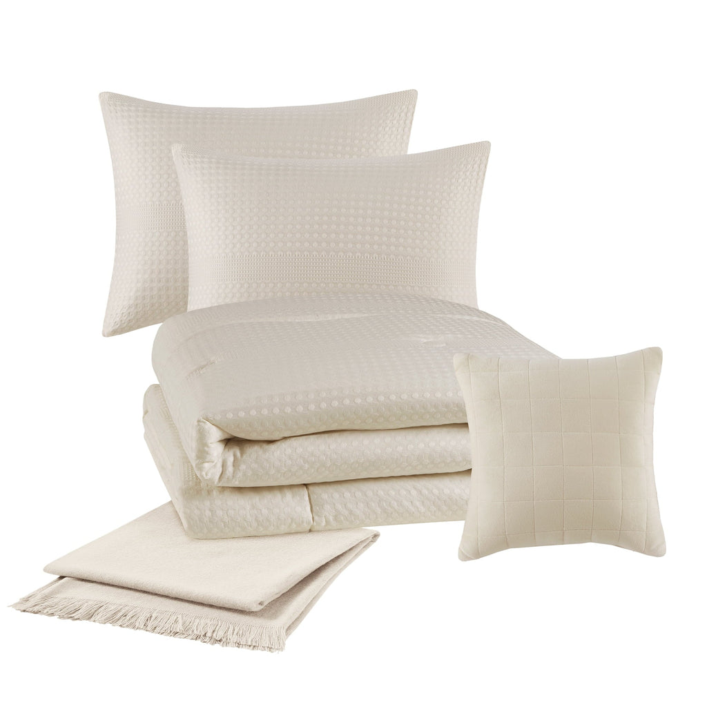 Heavyweight Warmth 5-Piece Papyrus Beige Waffle Comforter Set, Full/Queen - All-Season Down Alternative Comforter Insert Detail