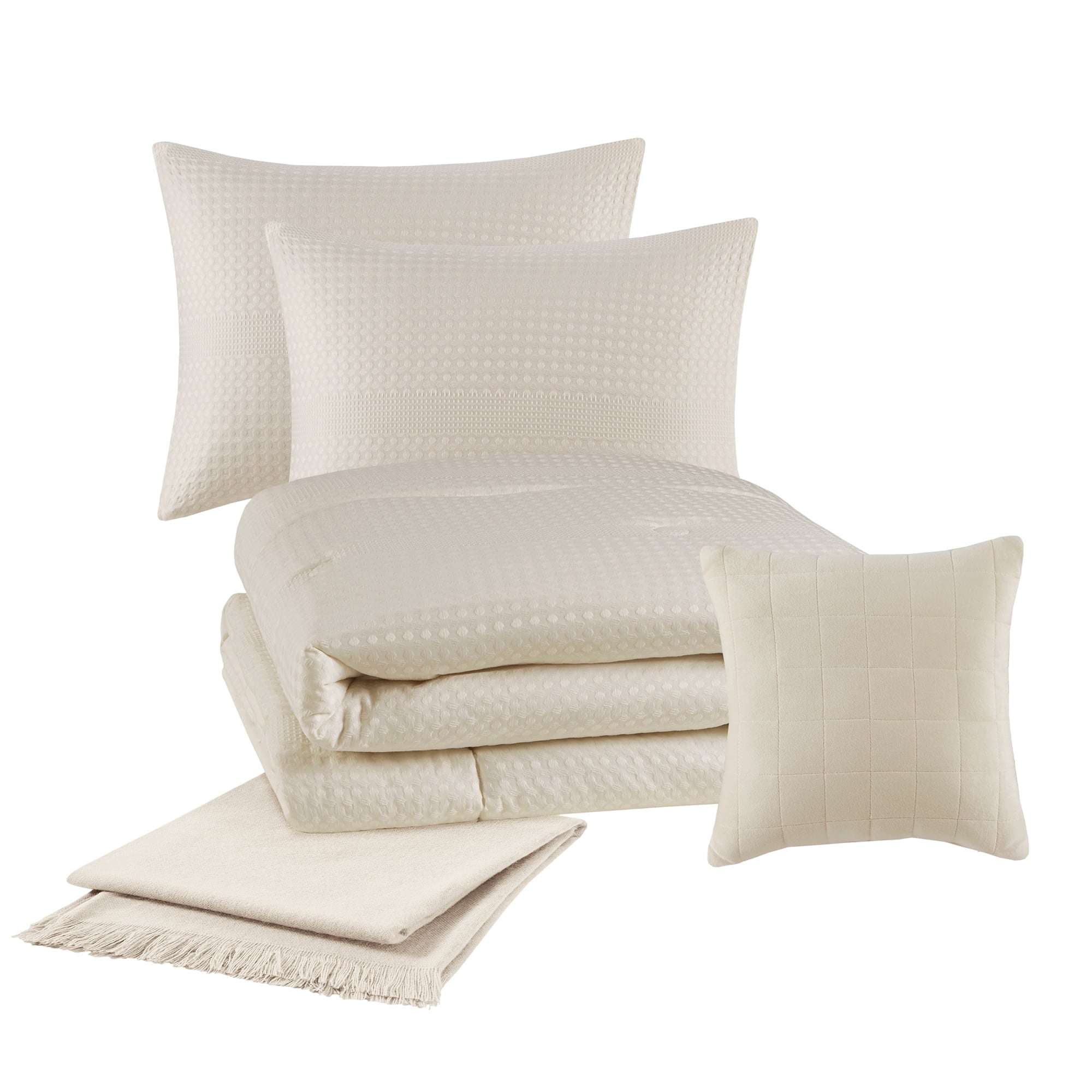 Heavyweight Warmth 5-Piece Papyrus Beige Waffle Comforter Set, Full/Queen - All-Season Down Alternative Comforter Insert Detail