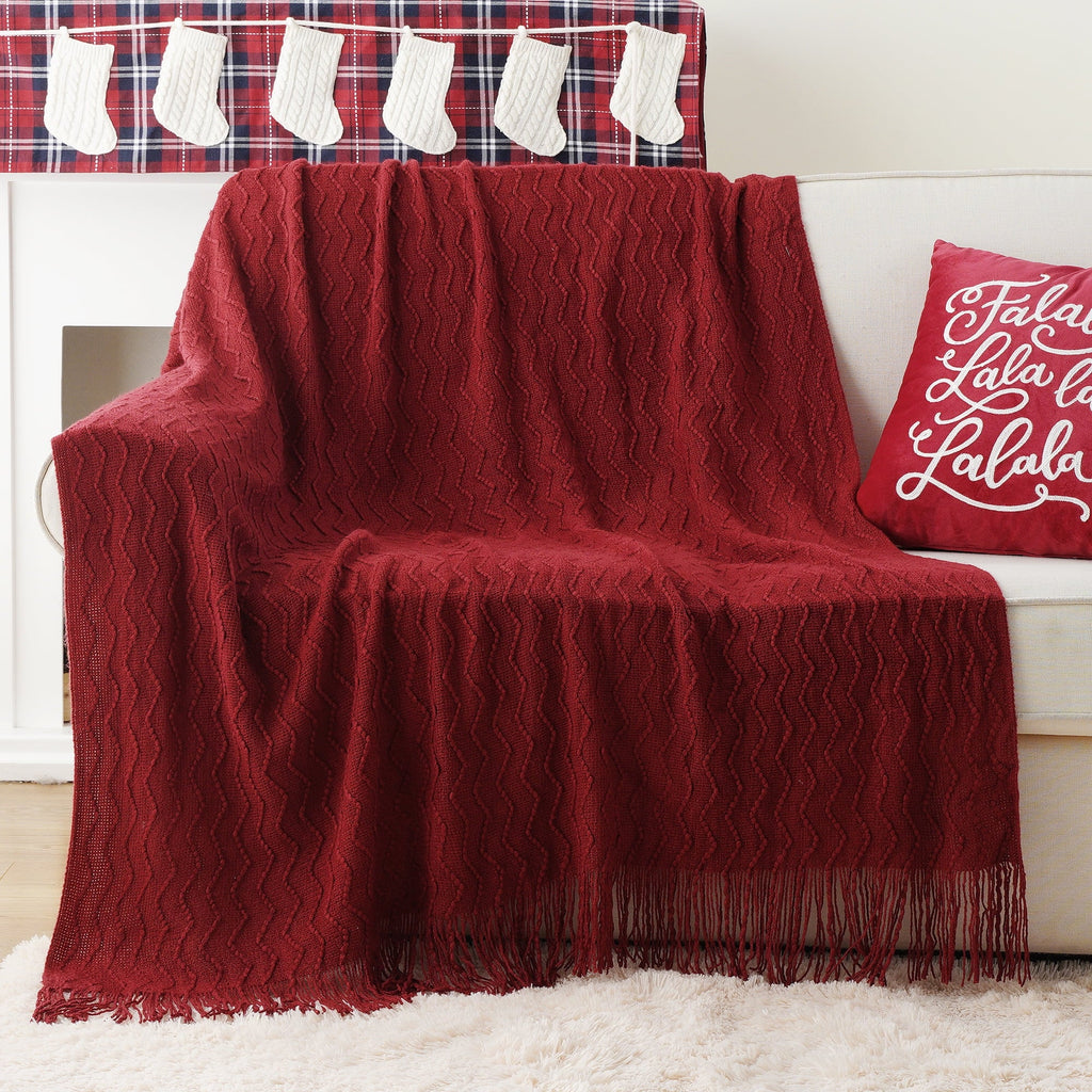 Cozy Fleece Dark Red Blanket for Couch,Burgundy Knit Throw Blanket for Bedroom,Christmas Throw,50"x60" - Luxury Knitted Decorative Throw Blanket with Fringes Detail