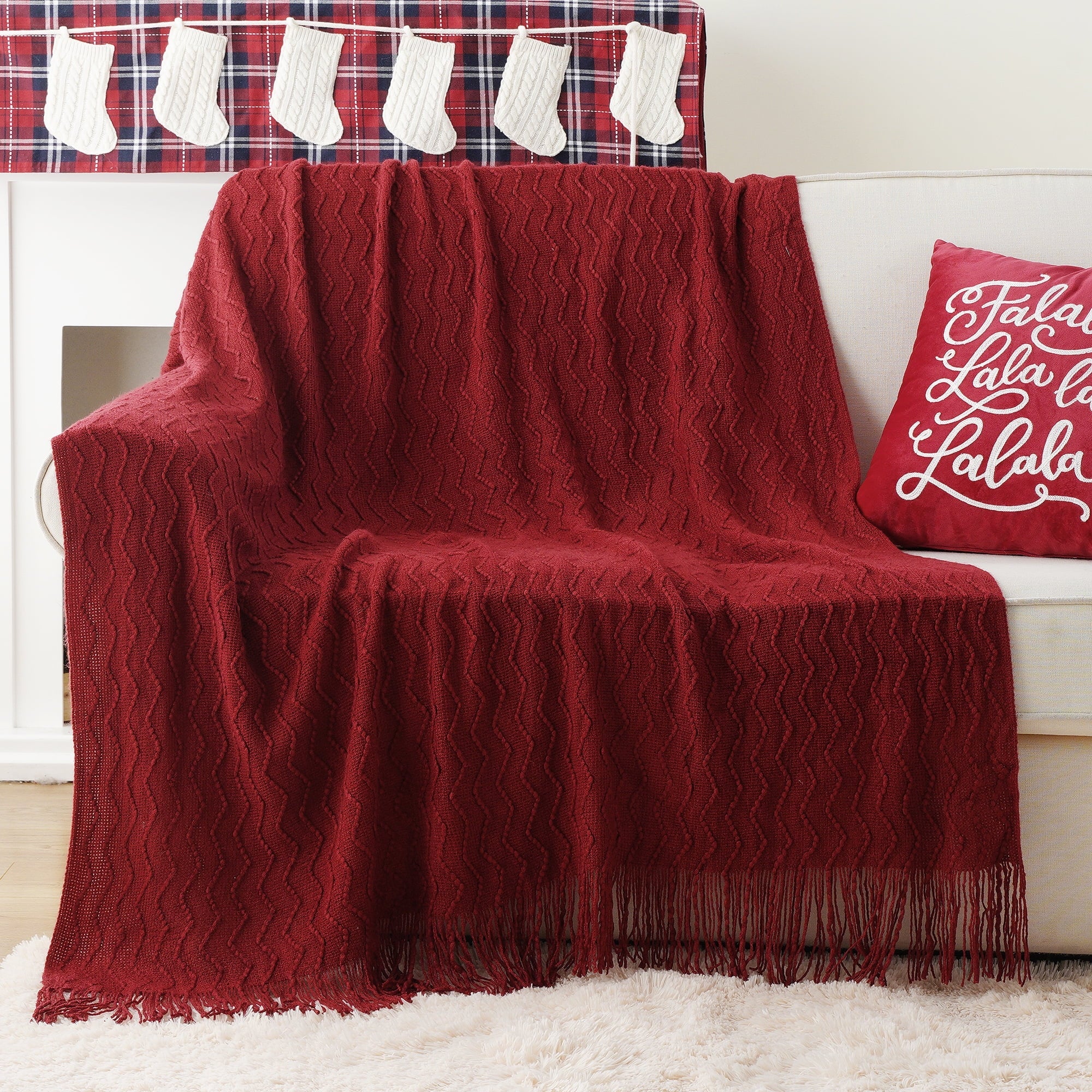 Cozy Fleece Dark Red Blanket for Couch,Burgundy Knit Throw Blanket for Bedroom,Christmas Throw,50"x60" - Luxury Knitted Decorative Throw Blanket with Fringes Detail